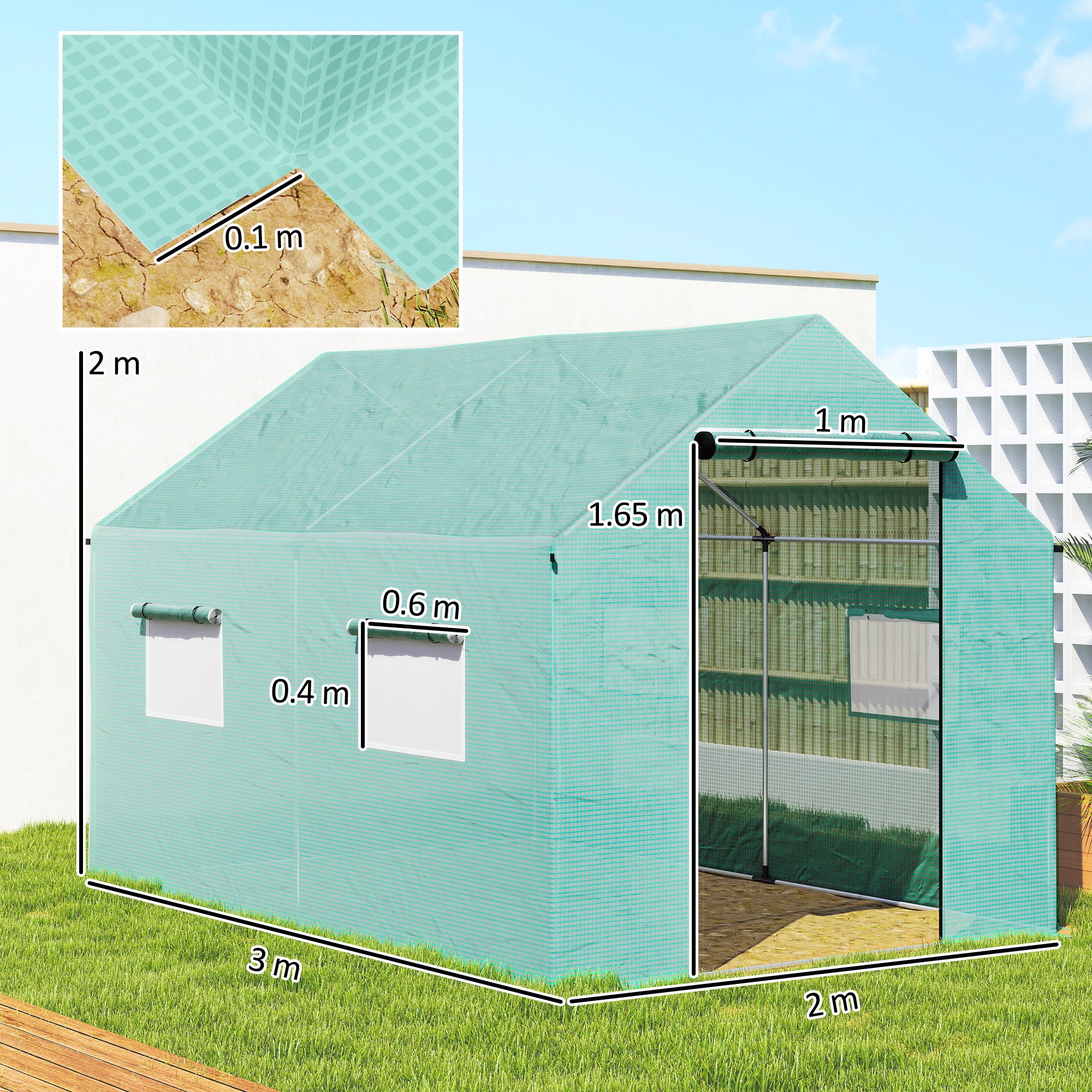 Outsunny Polyethylene Walk-in Polytunnel Greenhouse, 2 x 3(m), Green