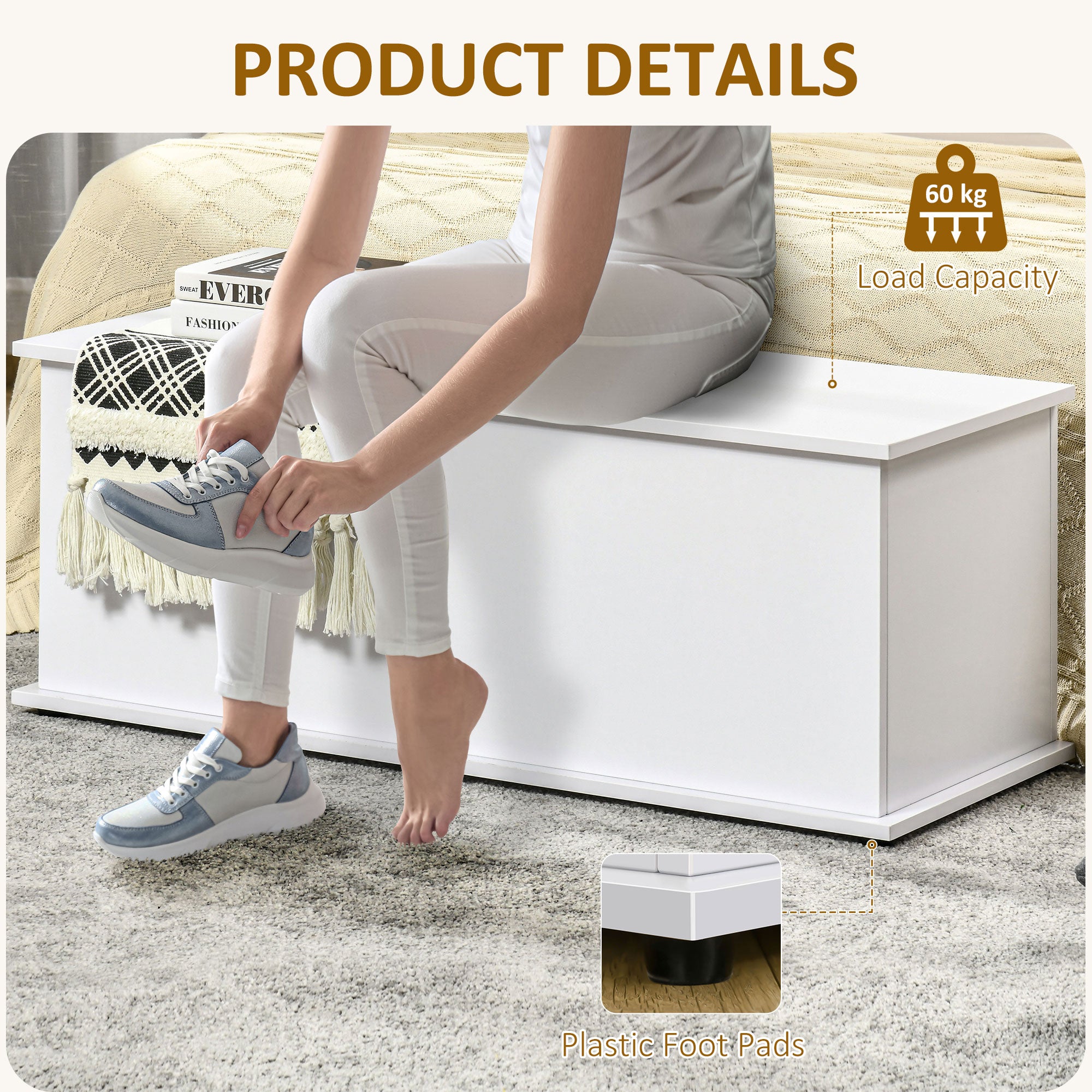 HOMCOM Wooden Storage Box Clothes Toy Chest Bench Seat Ottoman Bedding Blanket Trunk Container with Lid - White - North Peak Garden Furniture