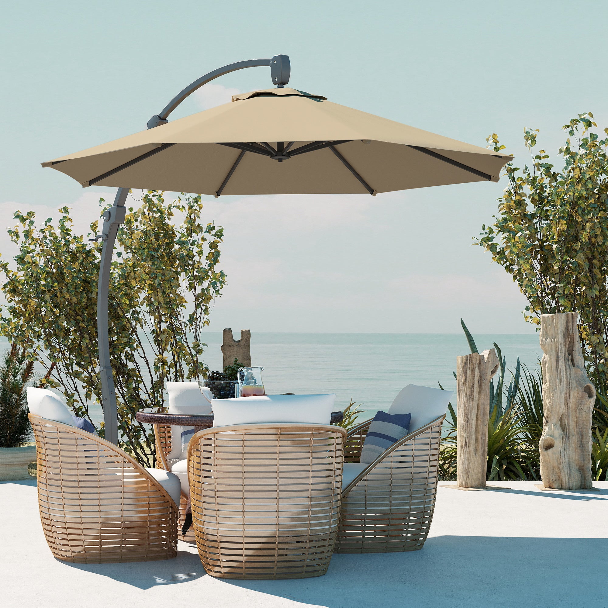 Outsunny 3(m) Garden Cantilever Parasol, Round Overhanging Umbrella with Crank Handle, Cross Base, Aluminium Frame and 360° Rotation, Banana Patio Umbrella for Outdoor Sun Shade, Khaki - North Peak Garden Furniture