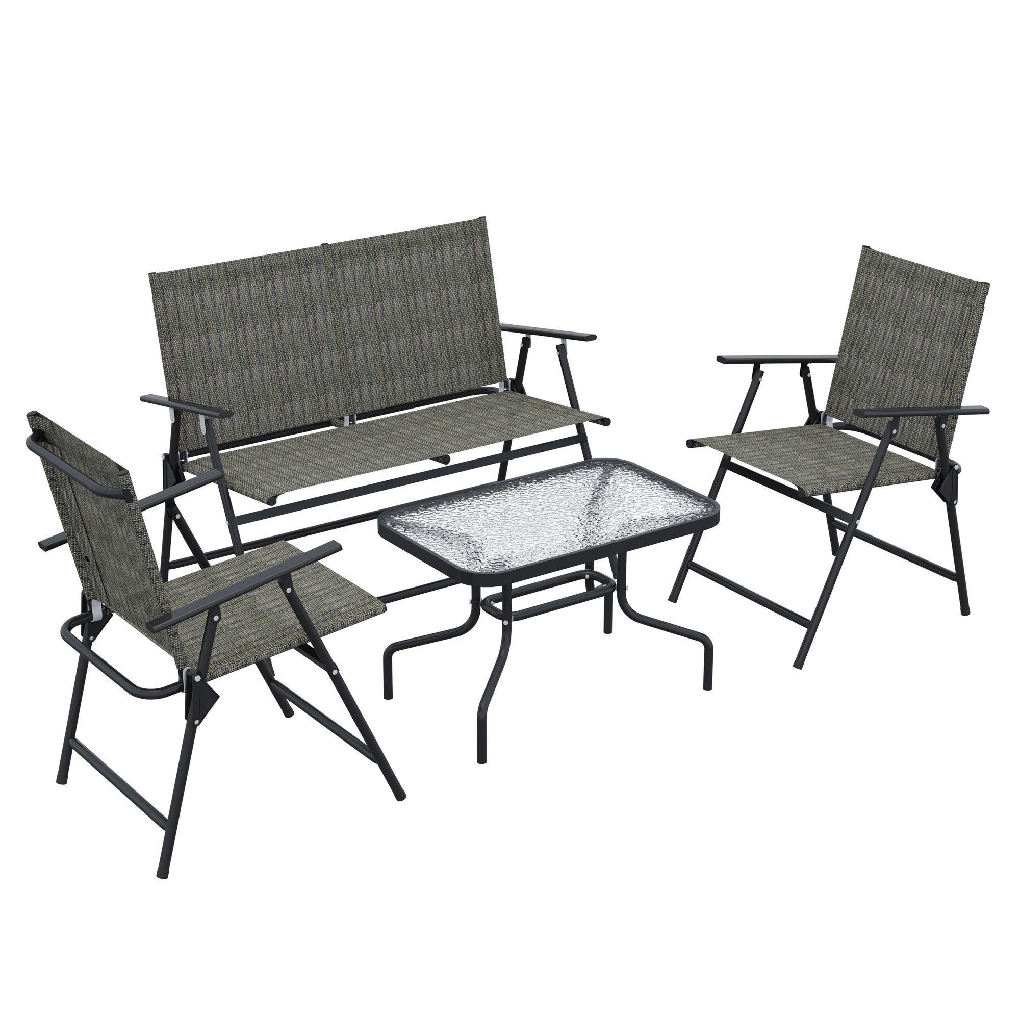 Outsunny Outdoor 4 Pieces Patio Furniture Set with Breathable Mesh Fabric Seat & Backrest, Garden Set with Two Foldable Armchairs, a Loveseat & Glass Top Table, Mixed Brown - North Peak Garden Furniture