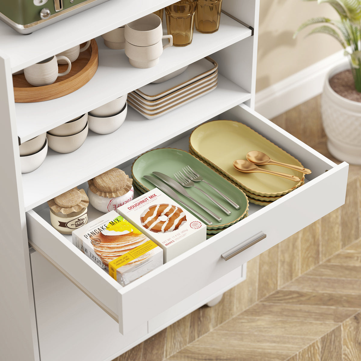 HOMCOM Kitchen Trolley with Wheels, Modern Mobile Microwave Stand with Slide-Out Shelf, Drawer and 2 Doors for Dining Room