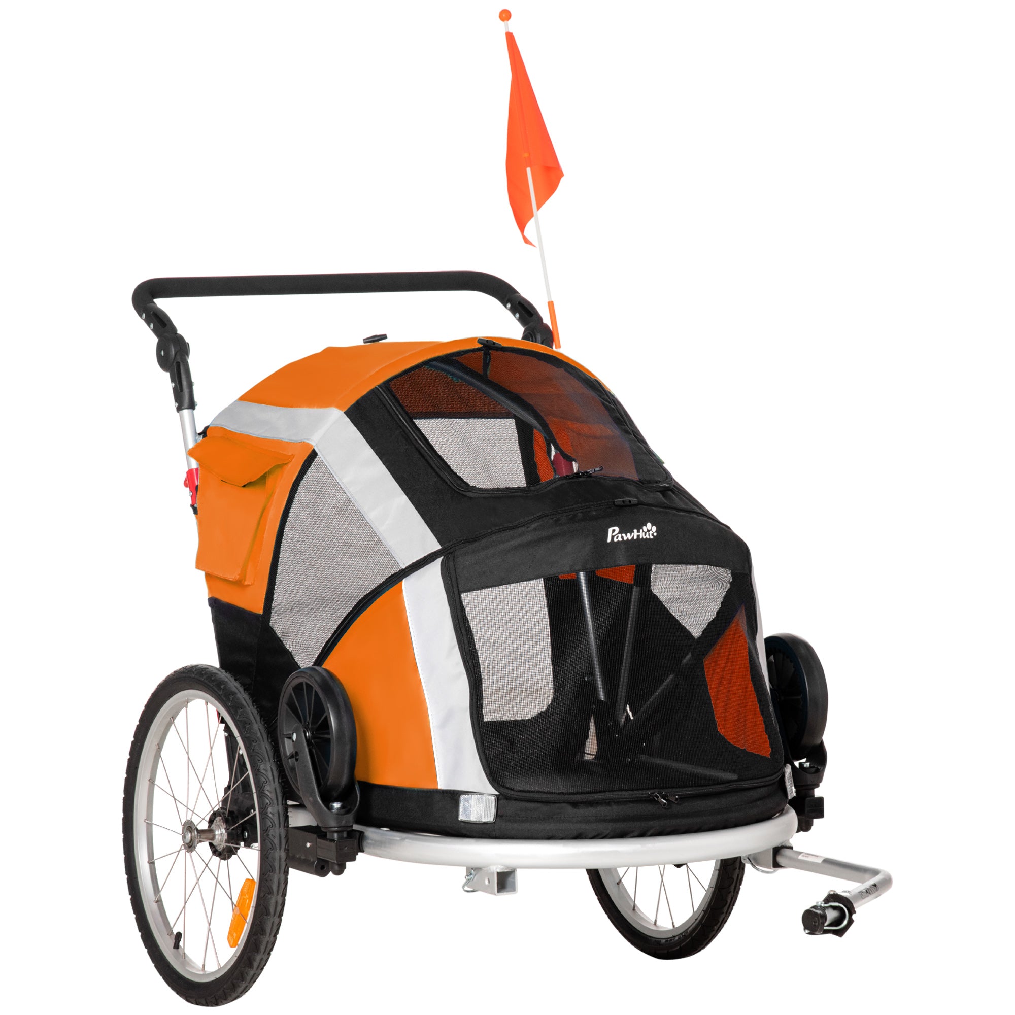 PawHut Dog Bike Trailer 2-in-1 Pet Stroller for Large Dogs Cart Foldable Bicycle Carrier Aluminium Frame with Safety Leash Hitch Coupler Reflector Flag Orange - North Peak Garden Furniture