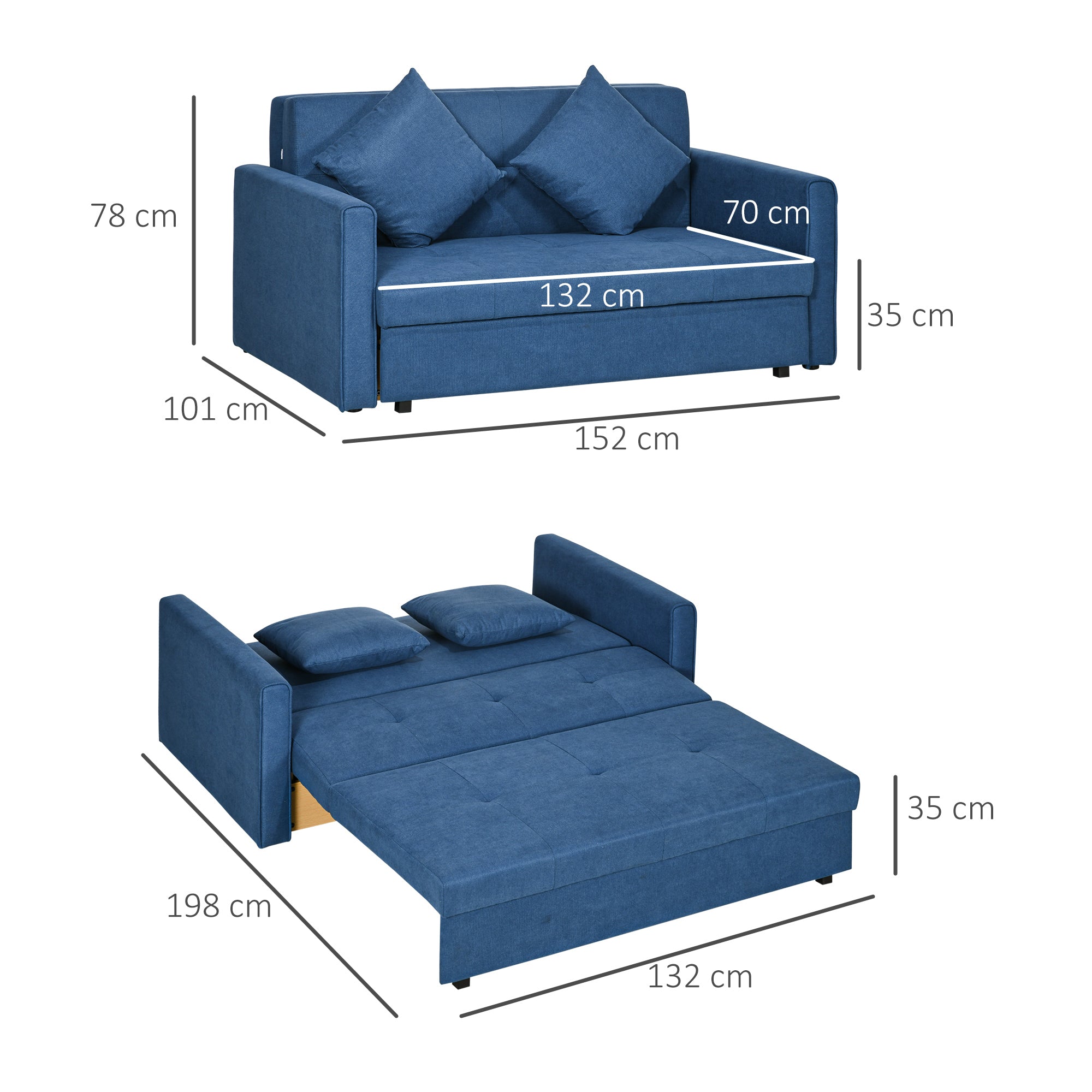 HOMCOM 2 Seater Sofa Bed, Convertible Bed Settee, Modern Fabric Loveseat Sofa Couch with 2 Cushions, Hidden Storage for Living Room, Guest Room, Deep Blue - North Peak Garden Furniture