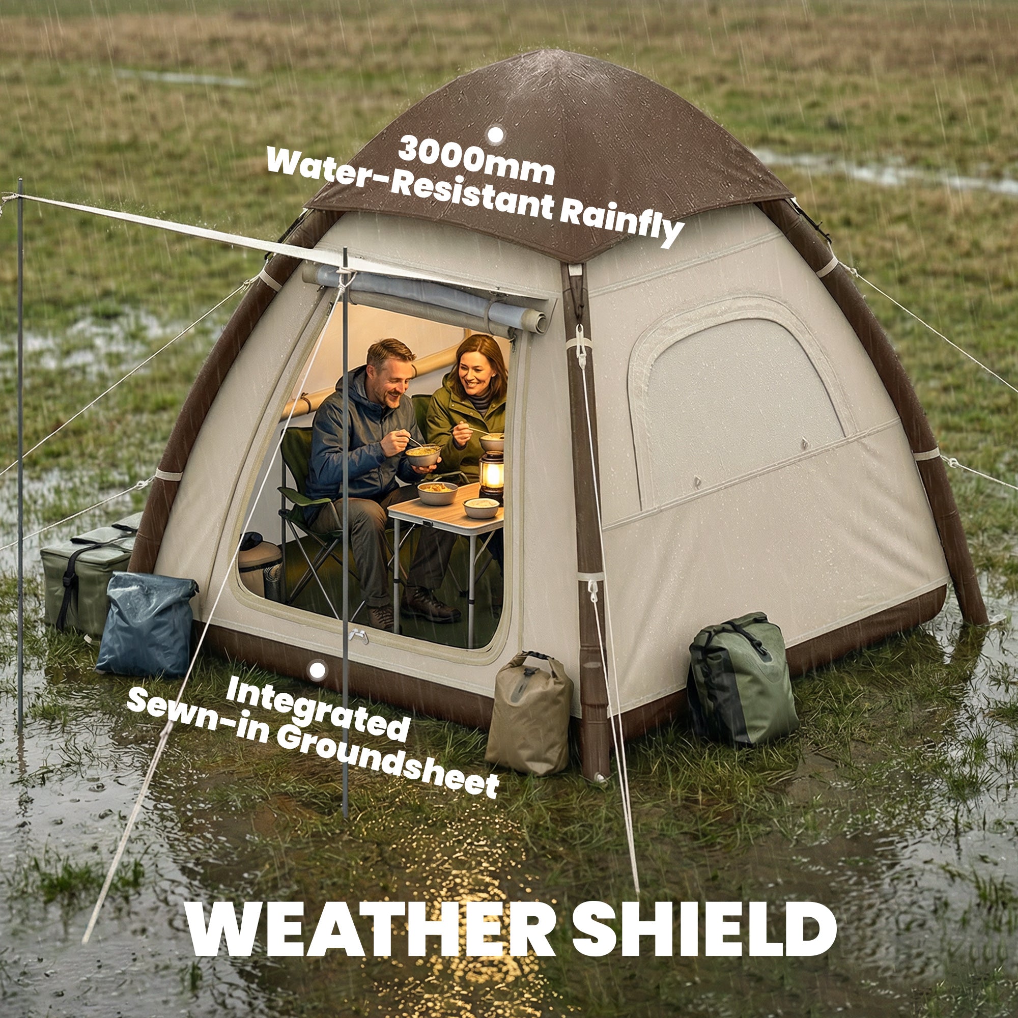 Outsunny Inflatable Camping Tent with Rainfly, 3 Man Air Tent 3000mm Waterproof Blow Up Tents, Cream