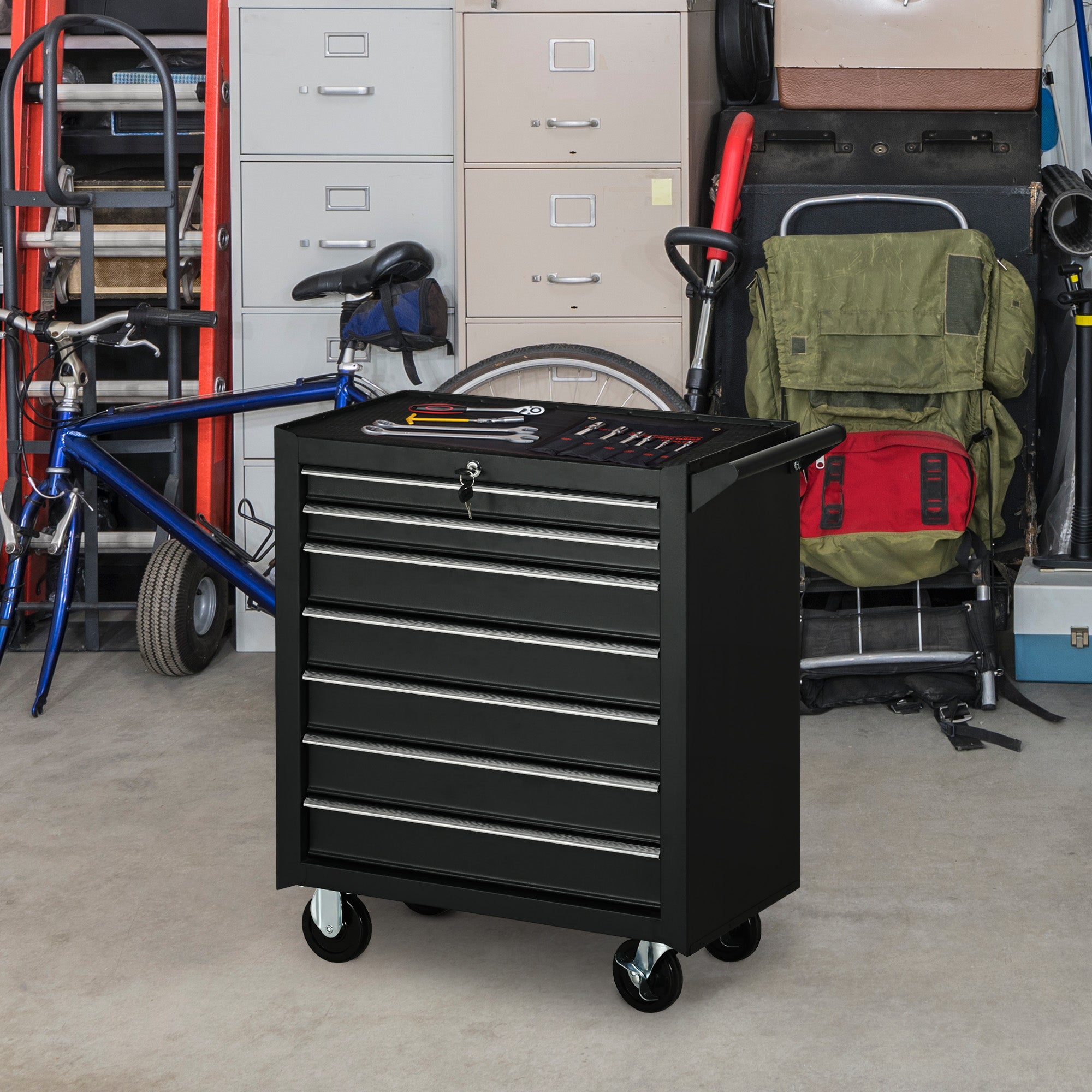 DURHAND 7-Drawer Rolling Tool Chest on Wheels, Lockable Tool Cabinet with Side Handle, Metal Tool Box Trolley for Garage, Workshop, Matte Black - North Peak Garden Furniture