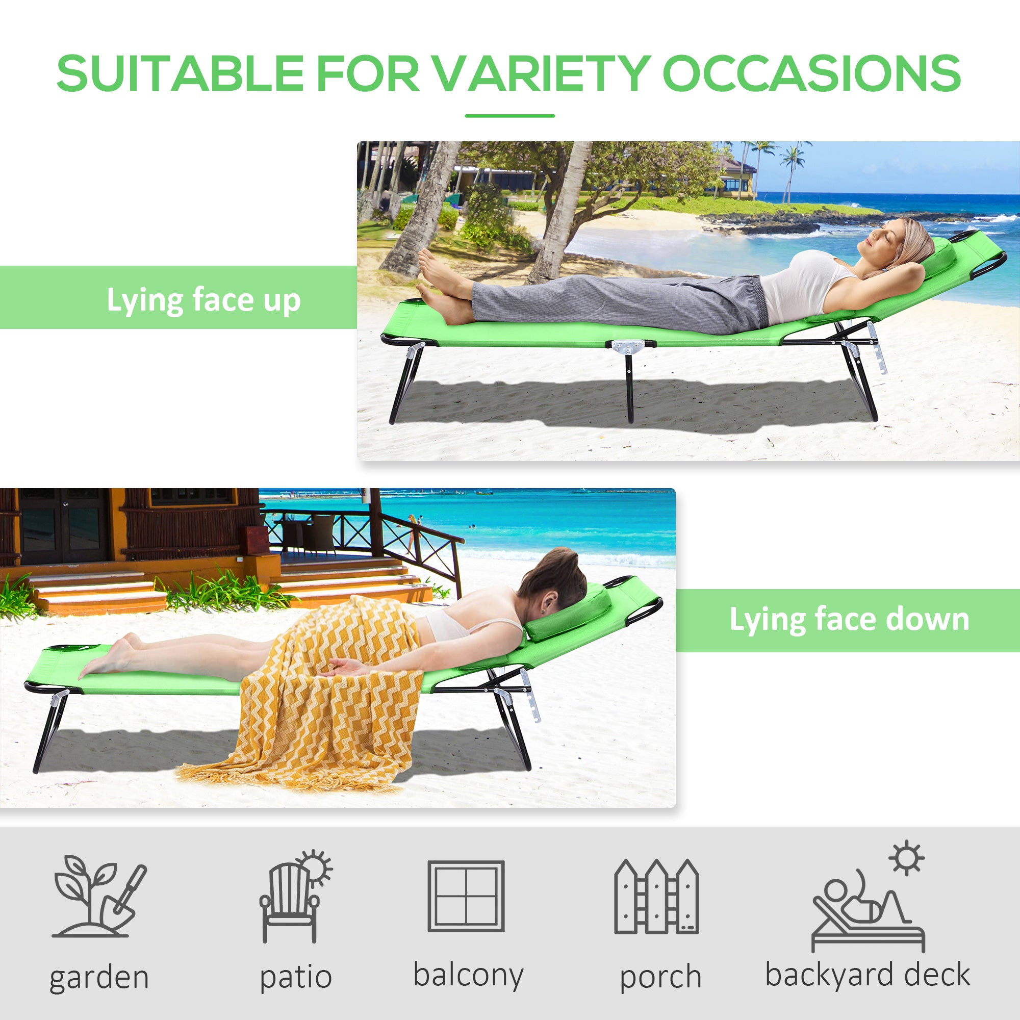 Outsunny Folding Sun Lounger with Face Hole, 4-Position Adjustable Backrest Garden Recliner Chair Sunbed, Outdoor Lounge Chair with 600 D Oxford Cloth Seat, Pillow for Beach, Green