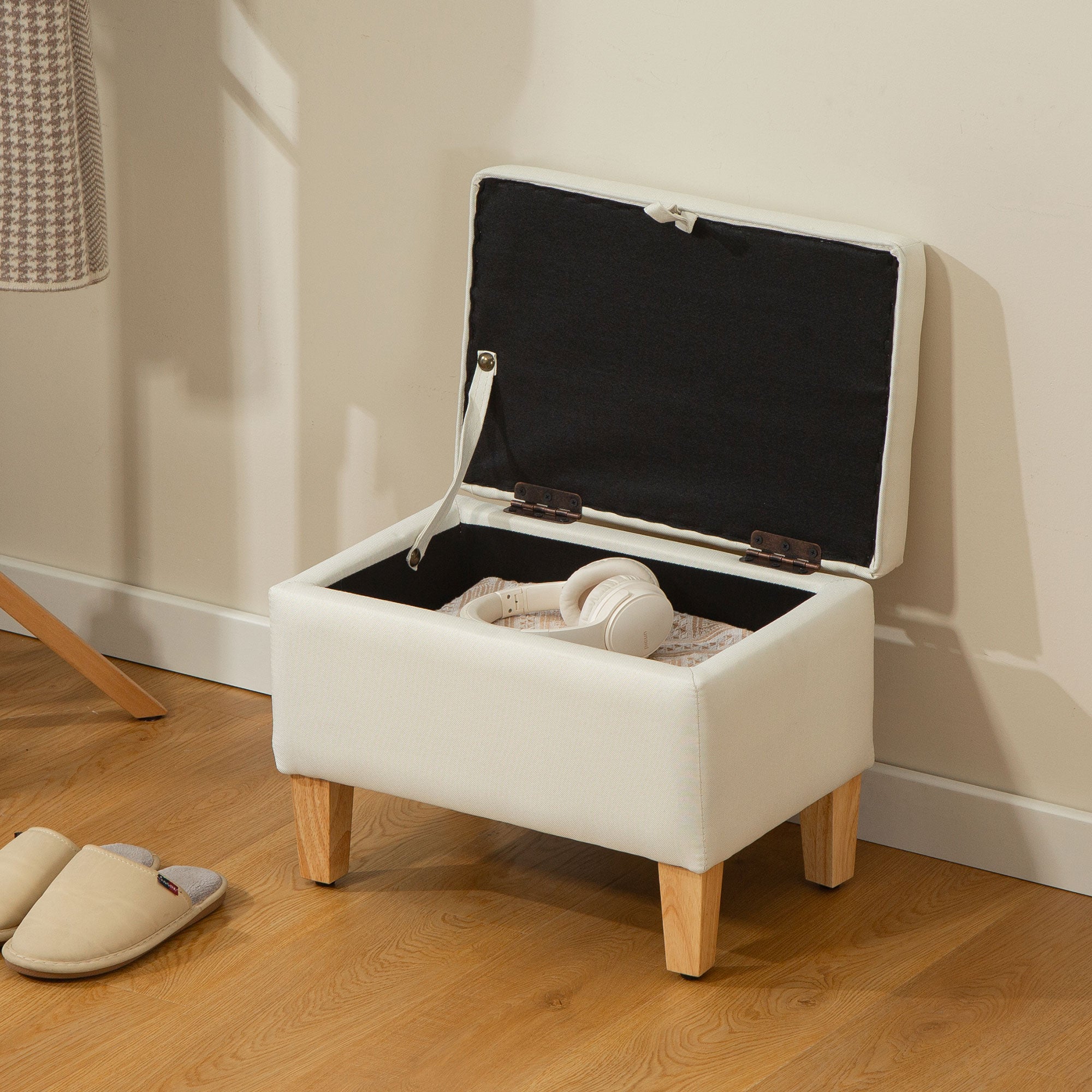 HOMCOM 16L Linen Storage Ottoman Padded Footstool with Rubberwood Legs for Storage Box, Bed End, Shoe Bench, Seating, Beige