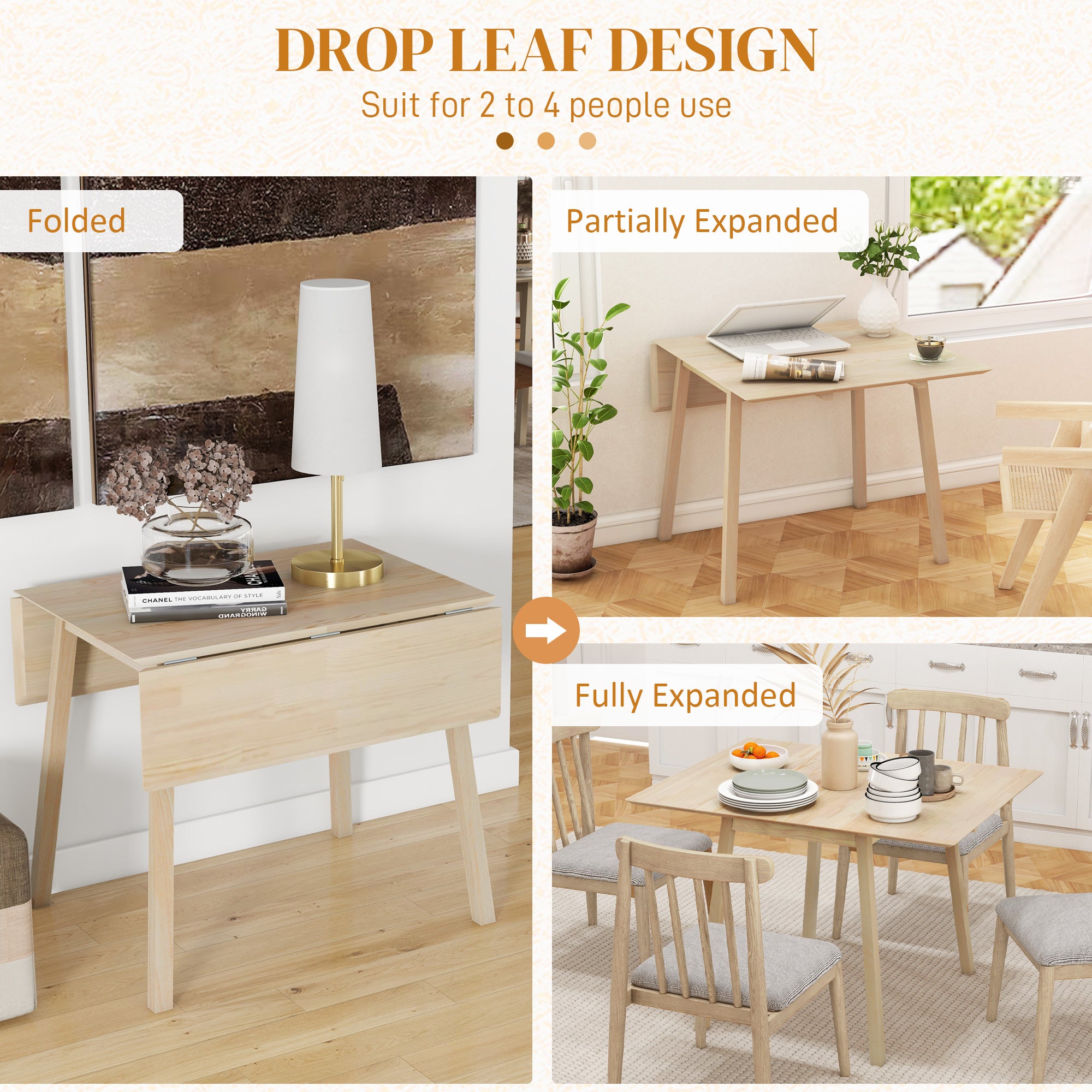 HOMCOM Wooden Four-Seater Drop Leaf Table - Natural Finish - North Peak Garden Furniture