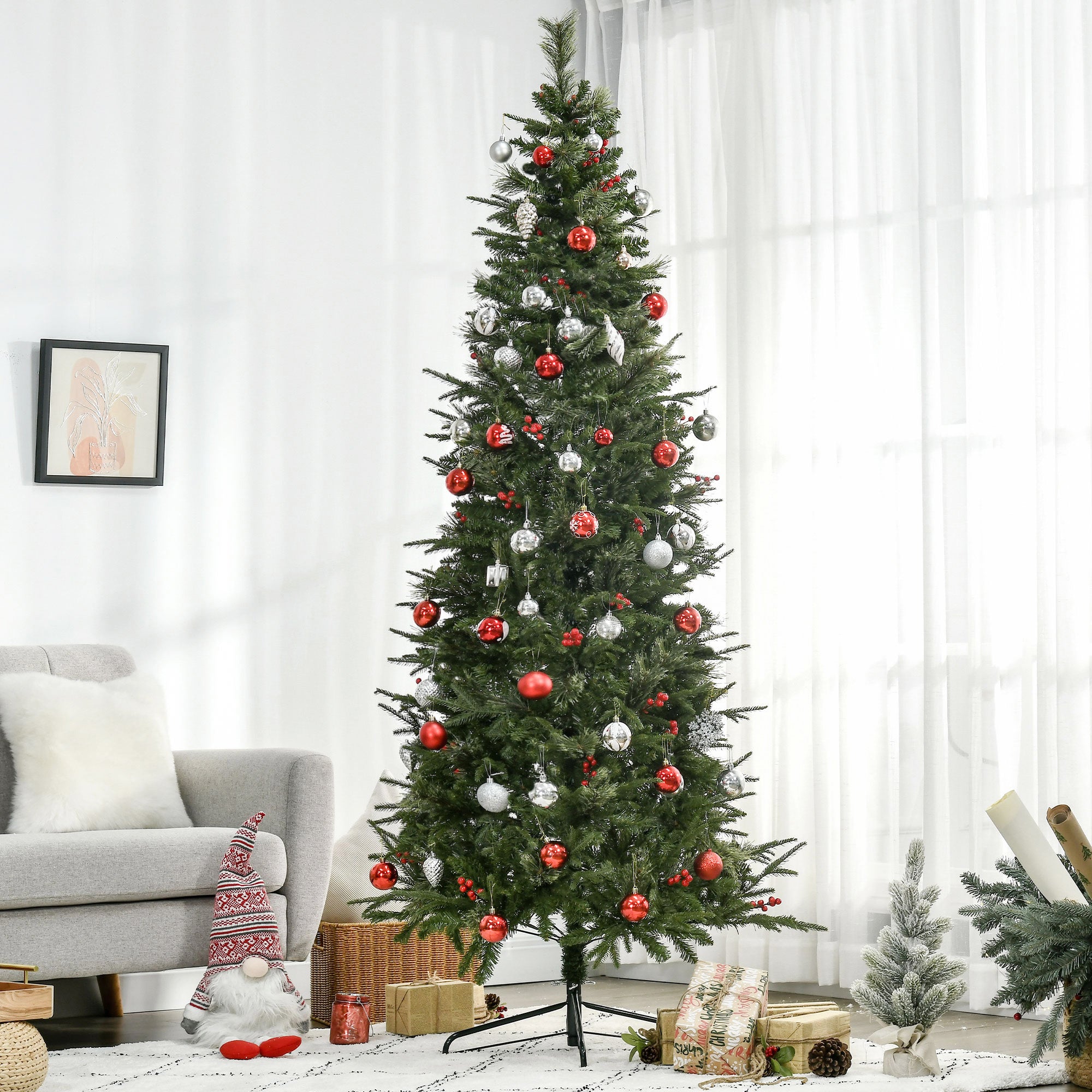 HOMCOM 7ft Pencil Artificial Christmas Tree with Realistic Branches, Red Berries, Auto Open, Green - North Peak Garden Furniture