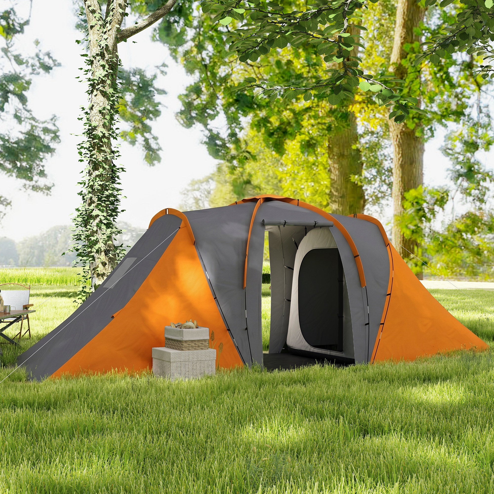 Outsunny Large Camping Tent Tunnel Tent with 2 Bedroom and Living Area, 2000mm Waterproof, Portable with Bag for 4-6 Man, Orange