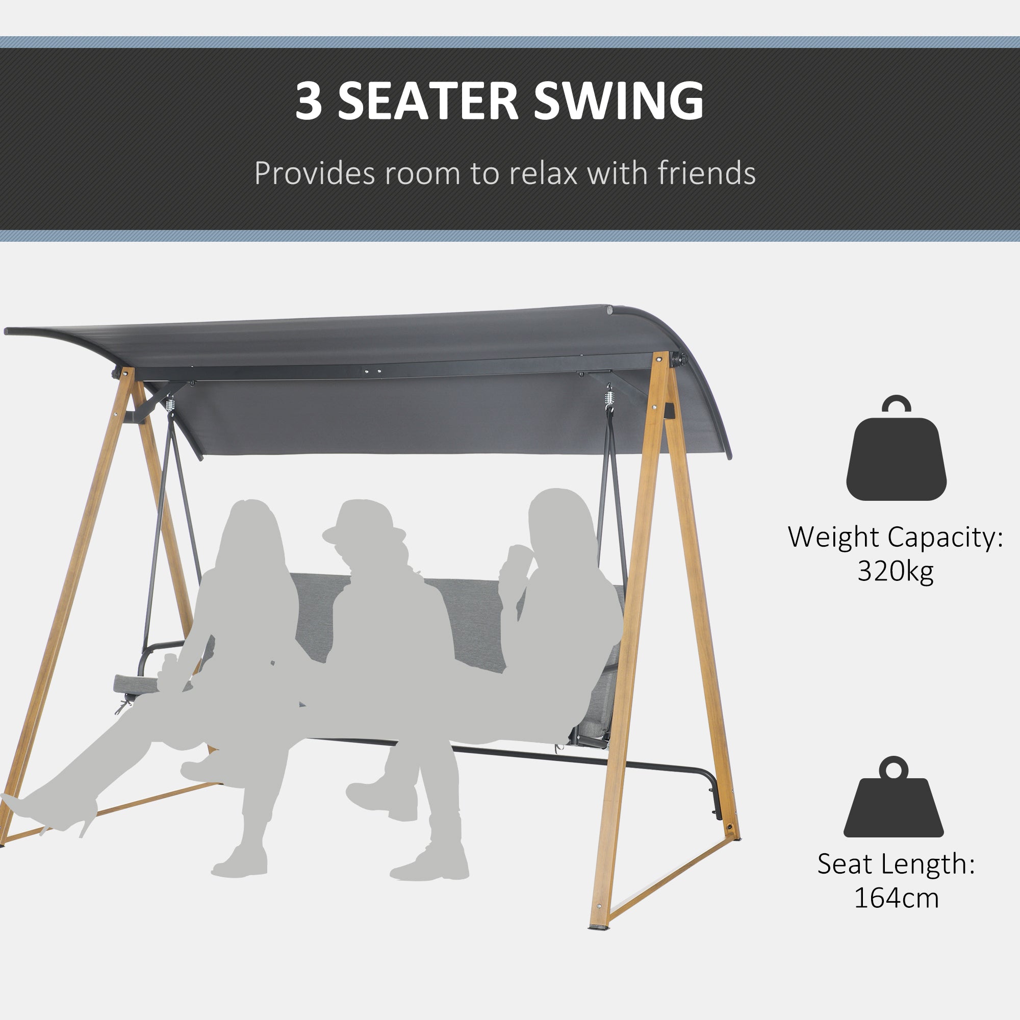 Outsunny 3 Seater Swing Chair, Garden Swing Bench with Adjustable Canopy, Cushioned Seat and Weather Resistant Steel Frame for Patio, Yard