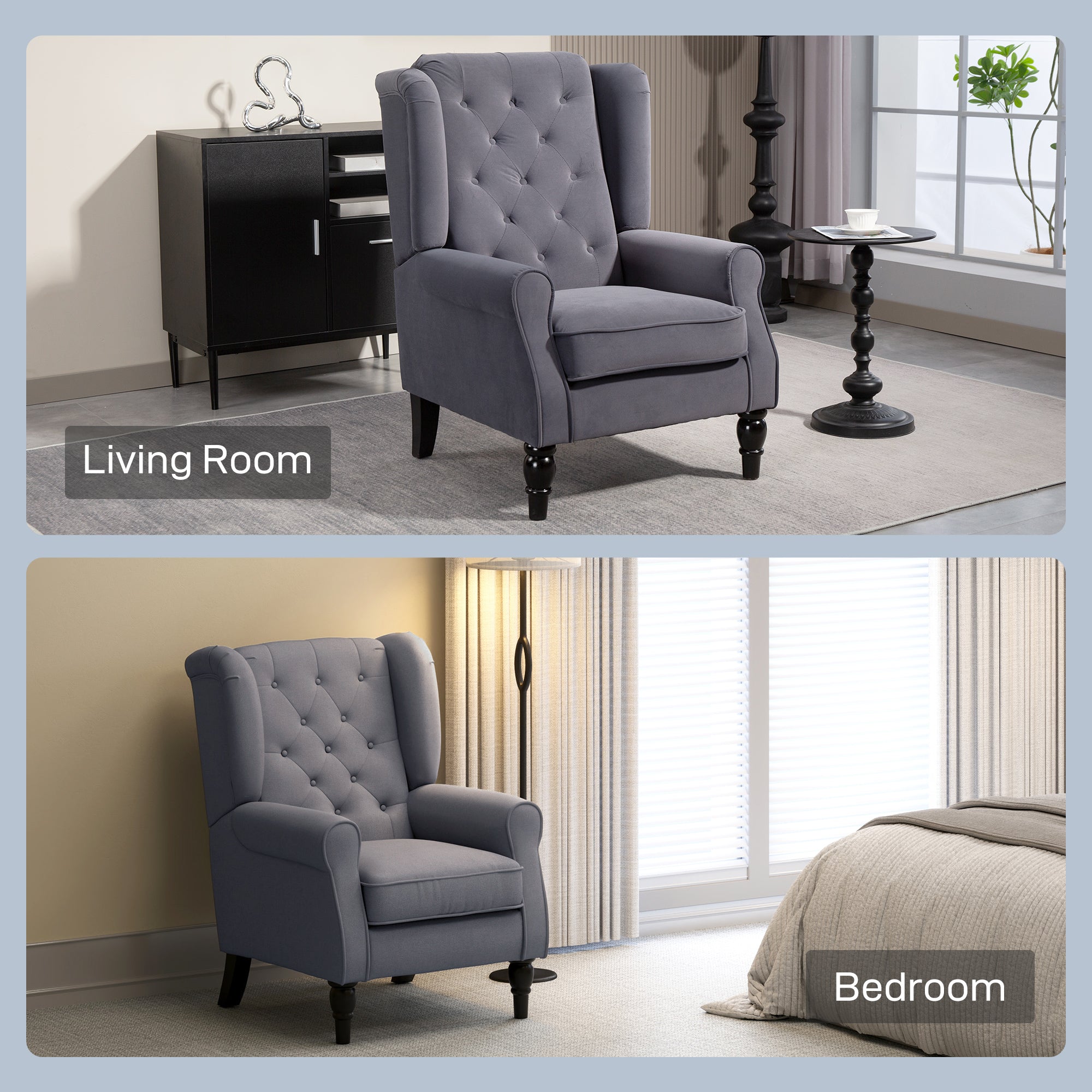 HOMCOM Wingback Accent Chair, Retro Upholstered Button Tufted Occasional Chair for Living Room and Bedroom, Charcoal Grey - North Peak Garden Furniture