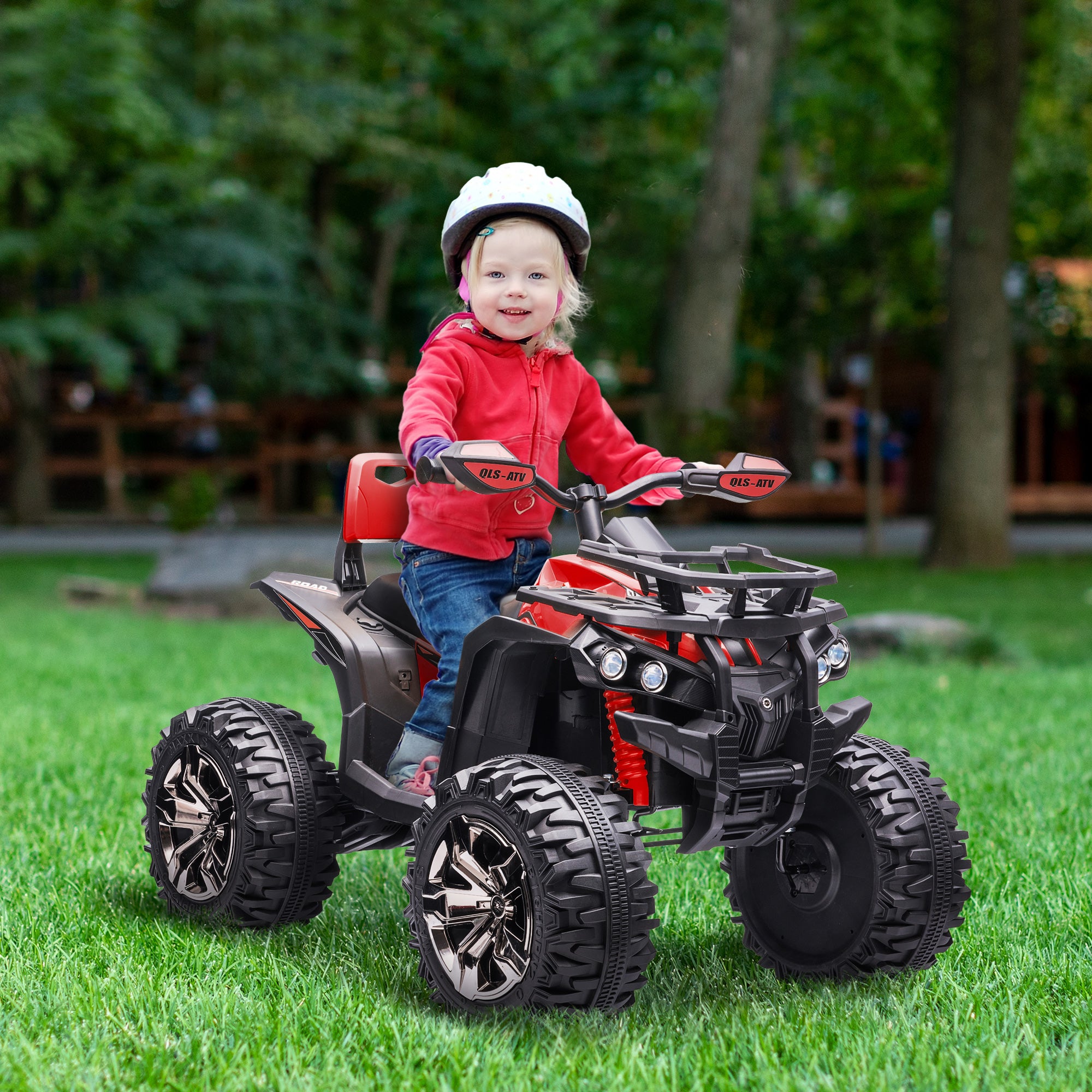 HOMCOM 12V Quad Bike ATV with LED Lights, Music, Backrest, Forward, Backward, Red - North Peak Garden Furniture
