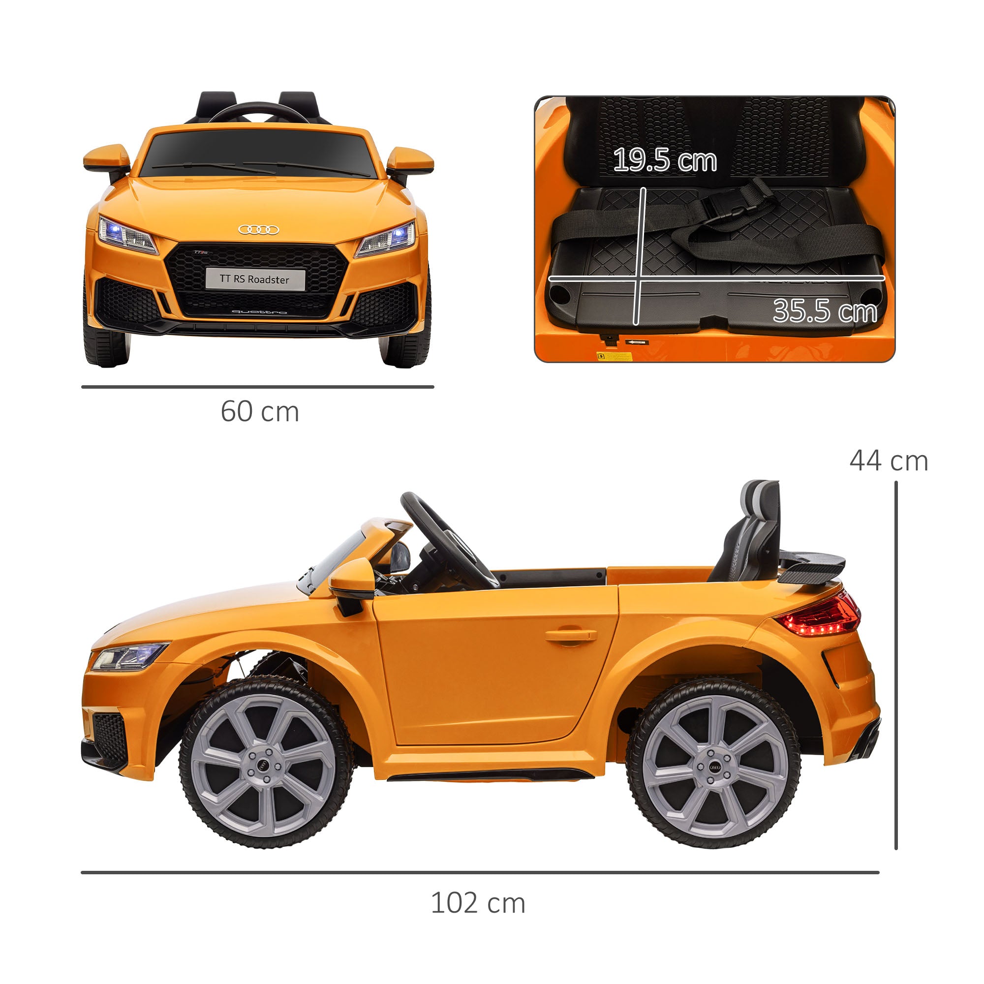 HOMCOM Kids Licensed Audi TT RS Ride-On Car 12V Battery w/ Remote Suspension Headlights and MP3 Player 3km/h Yellow - North Peak Garden Furniture