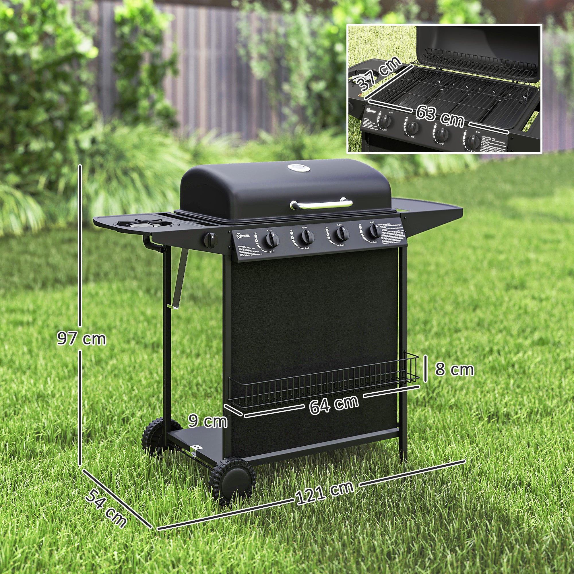 Outsunny 4+1 Burner Gas BBQ Grill, Portable Gas Barbecue Grill with Built-in Thermometer, Lid, Side Table, Shelf, Spice Rack, Wheels, Grease Cup for Garden Party Outdoor Cooking, Black - North Peak Garden Furniture