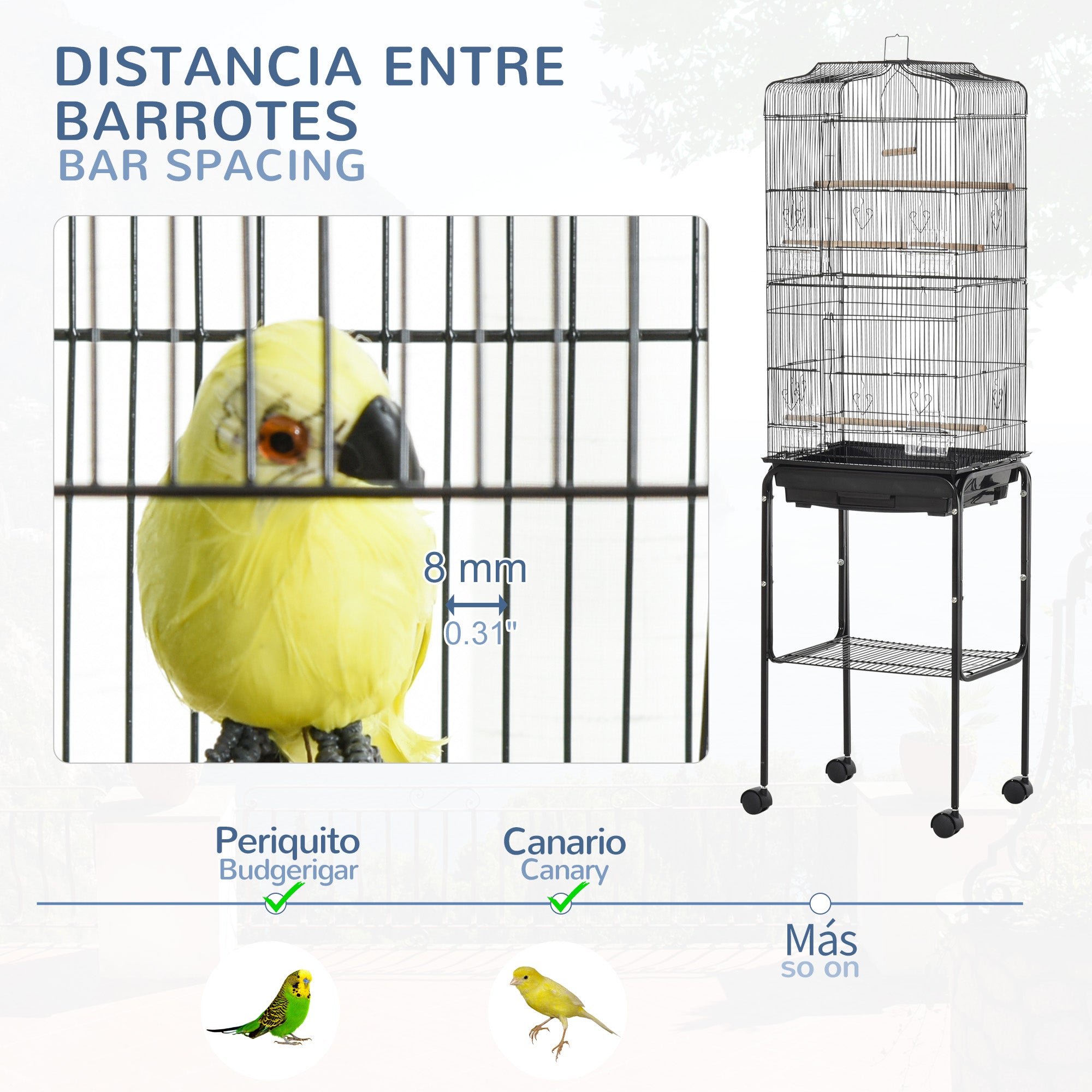 PawHut Bird Cage Budgie Cages for Finch Canary Parakeet with Stand Wheels Slide-out Tray Accessories Storage Shelf, Black 46.5 x 36 x 157 cm