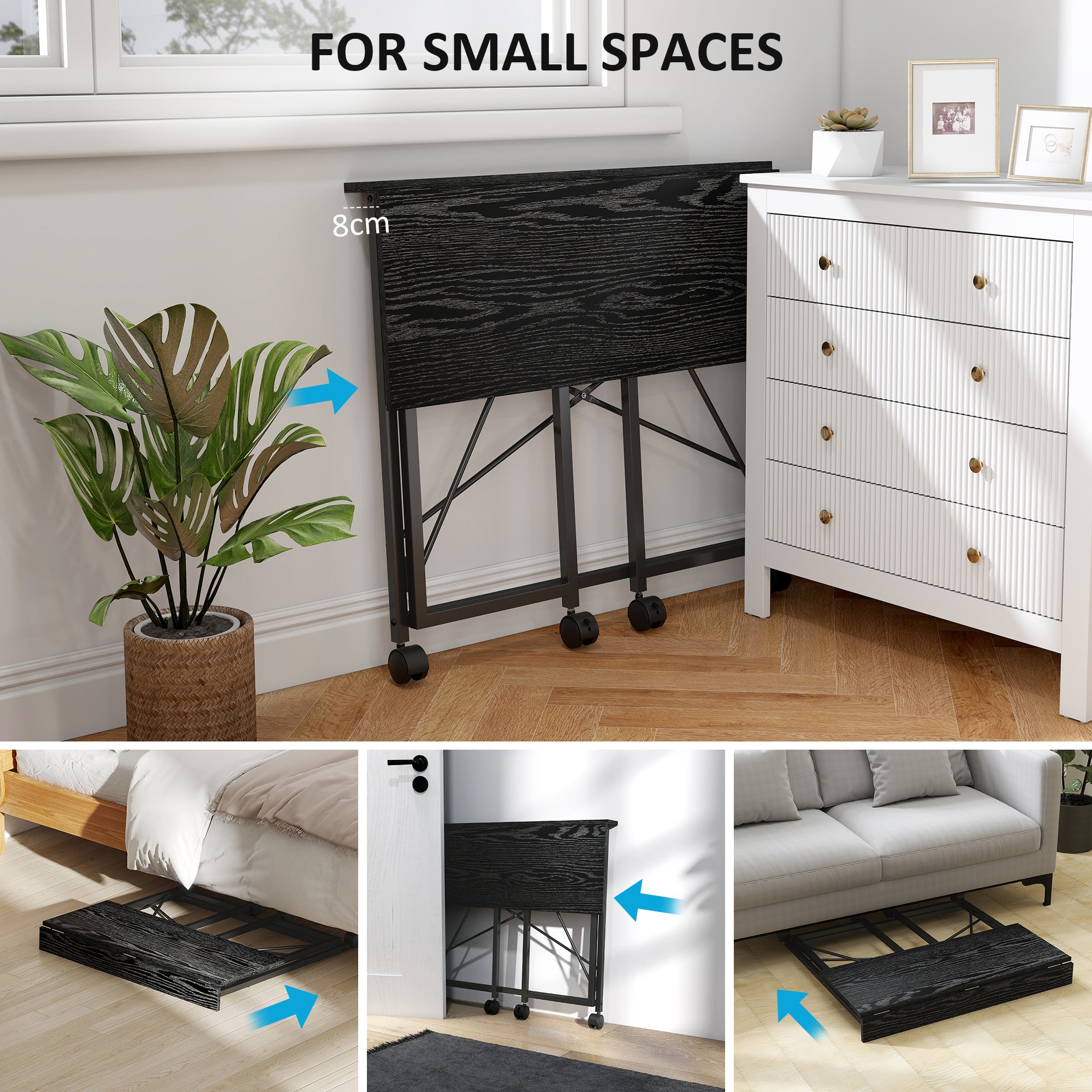 HOMCOM 80 cm Folding Desk on Wheels - Black - North Peak Garden Furniture