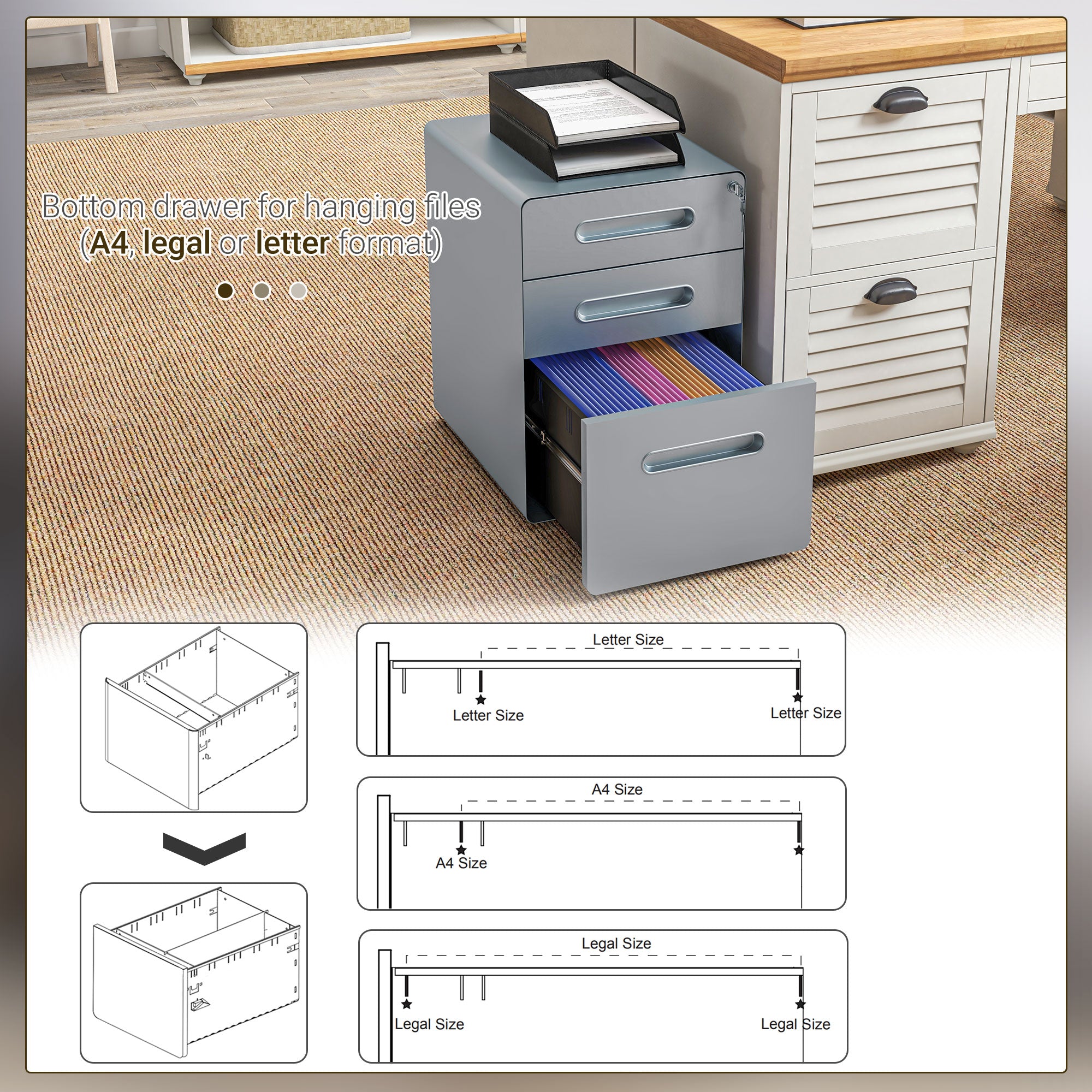 Vinsetto Lockable Cabinet, Rolling Filing Cabinet with 3 Drawers, Steel Office Drawer Unit for A4, Letter, Legal Sized Files