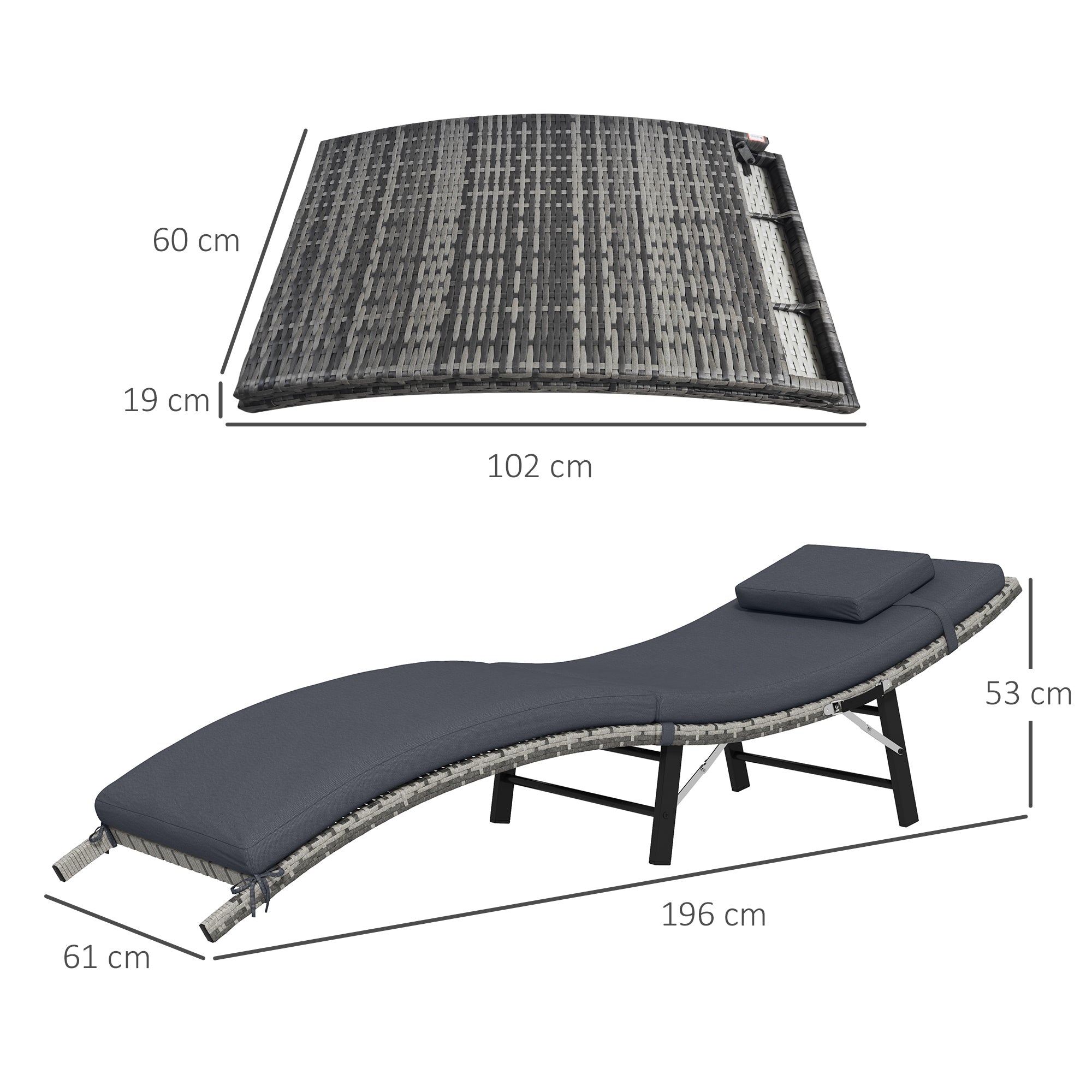Outsunny Rattan Folding Sun Lounger Outdoor Chair with Cushion and Pillow Grey - North Peak Garden Furniture