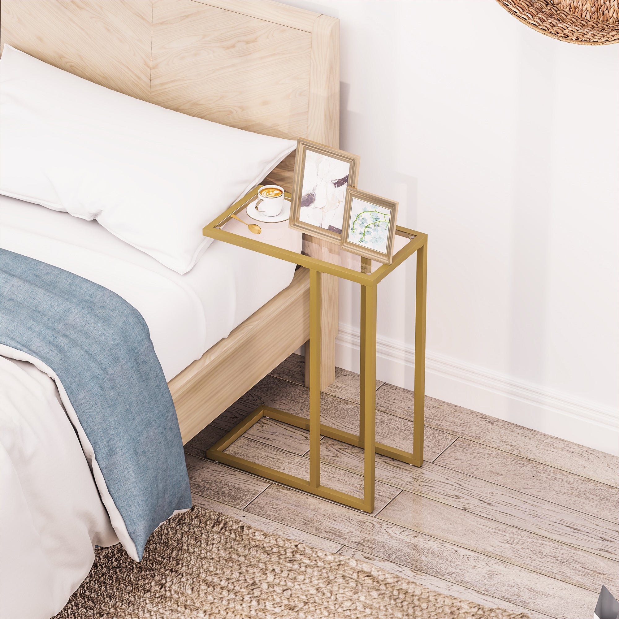 HOMCOM C-Shaped Side Table, Modern Slim End Table with Tempered Glass Tabletop, Steel Frame for Small Space, Living Room, Bedroom, Gold Tone - North Peak Garden Furniture