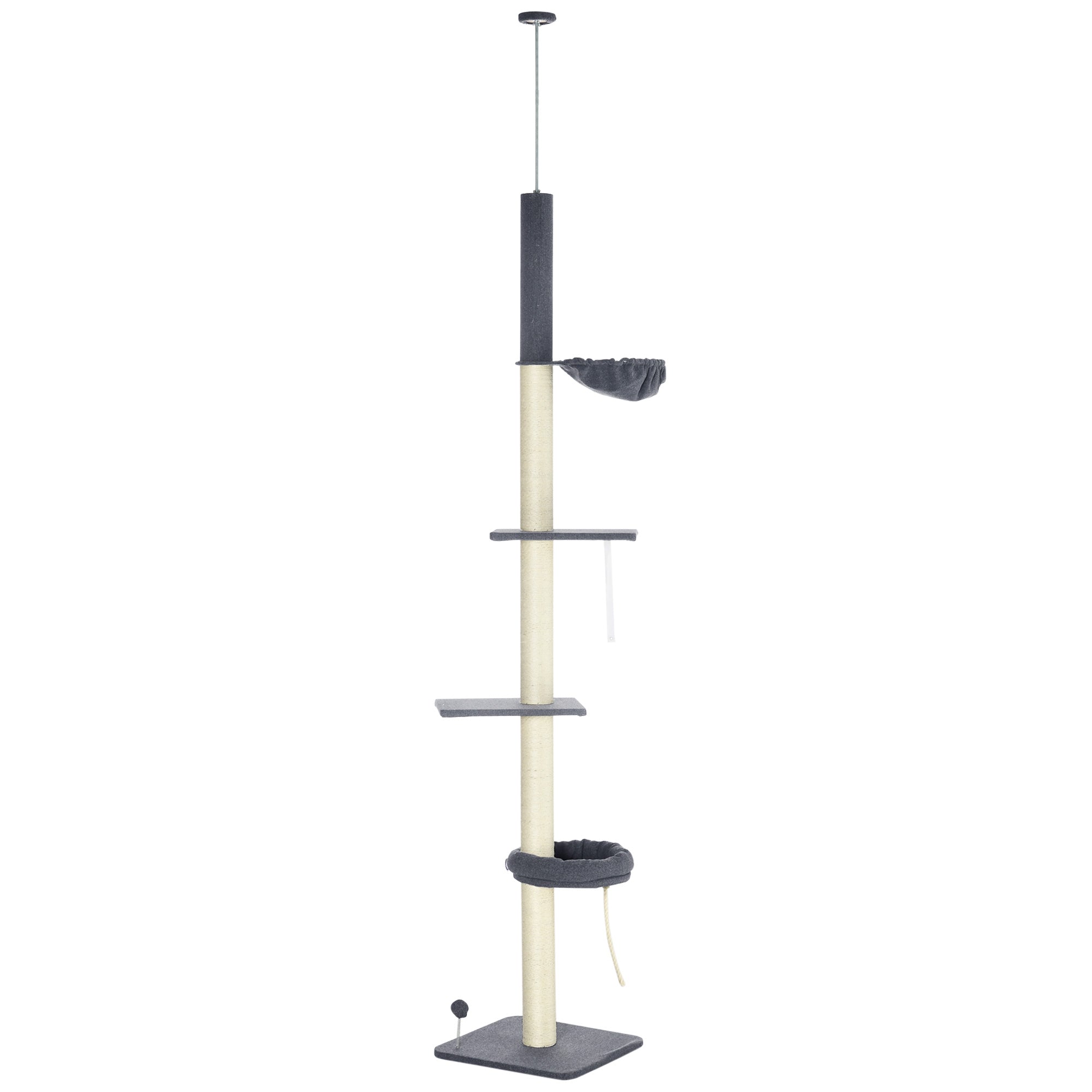 PawHut 240-270cm Floor-To-Ceiling Cat Tree, 5 Tier Cat Climbing Tower, with Bed, Hammock, Platforms, Black and Cream