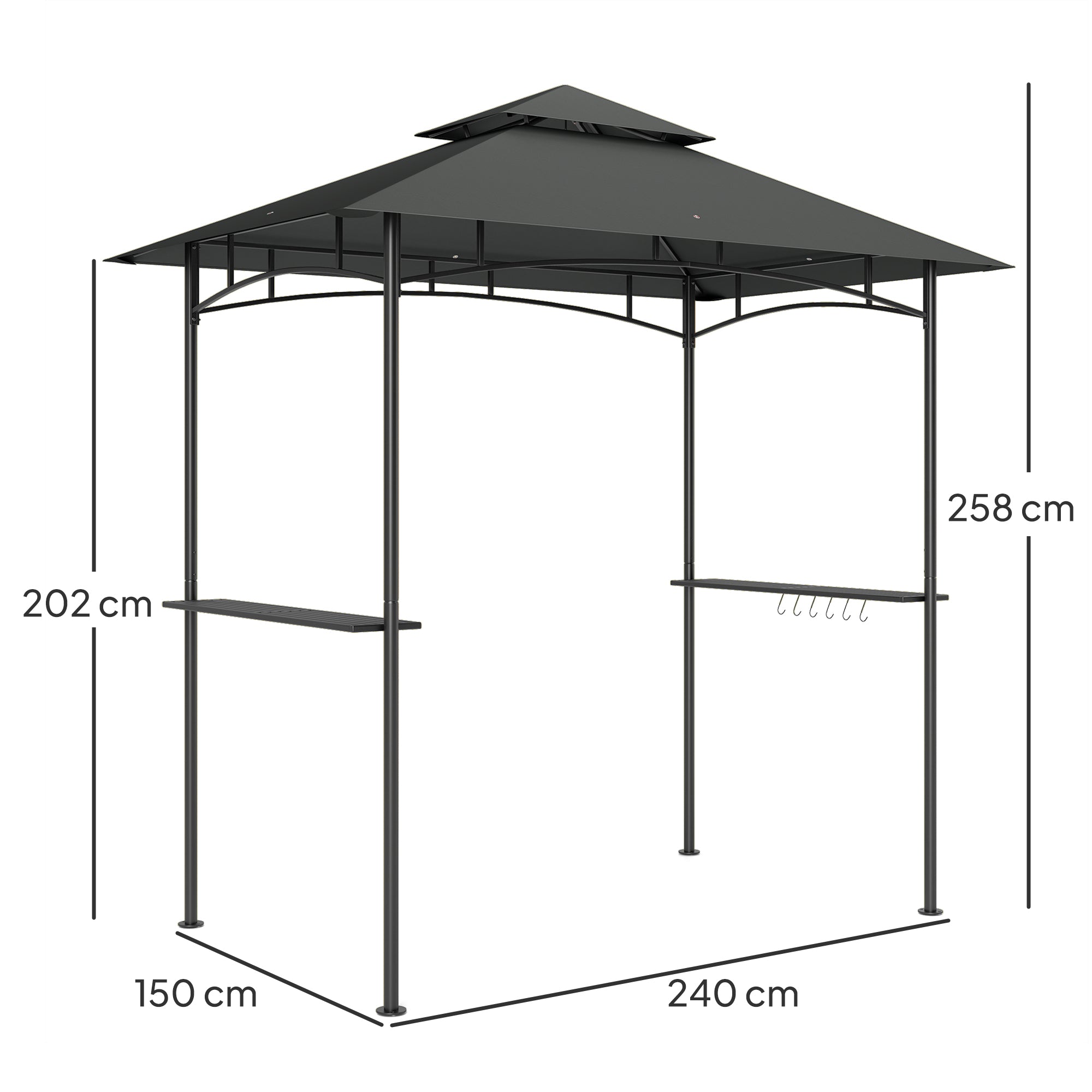 Outsunny 8' x 5' Grill Gazebo, Double Tiered BBQ Gazebo Shelter Canopy with LED Lights, 2 Side Shelves, Hooks, Dark Grey - North Peak Garden Furniture