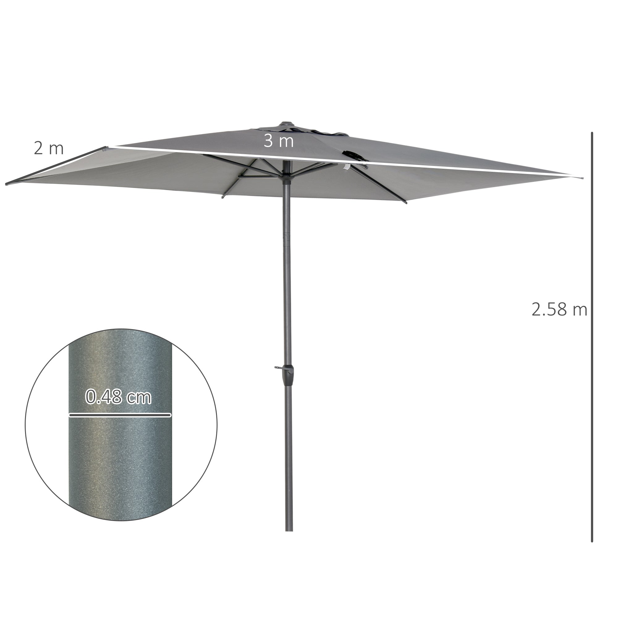 Outsunny 3 x 2m Garden Parasol Umbrella, Outdoor Market Table Umbrella with Aluminium Pole & Crank, Rectangular Tilting Parasol Sun Shade Canopy, Grey