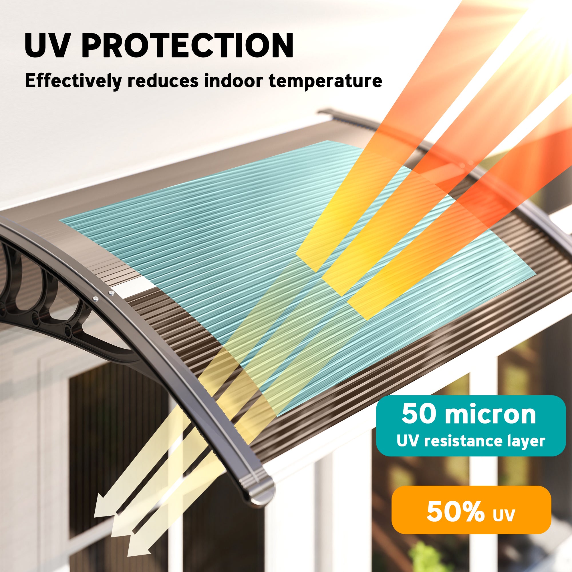 Outsunny Curved Window Door Canopy Aluminium Rigid Plastic Polycarbonate Fixed Outdoor Awning Modern Design UV Water Rain Resist 100 x 75cm Brown