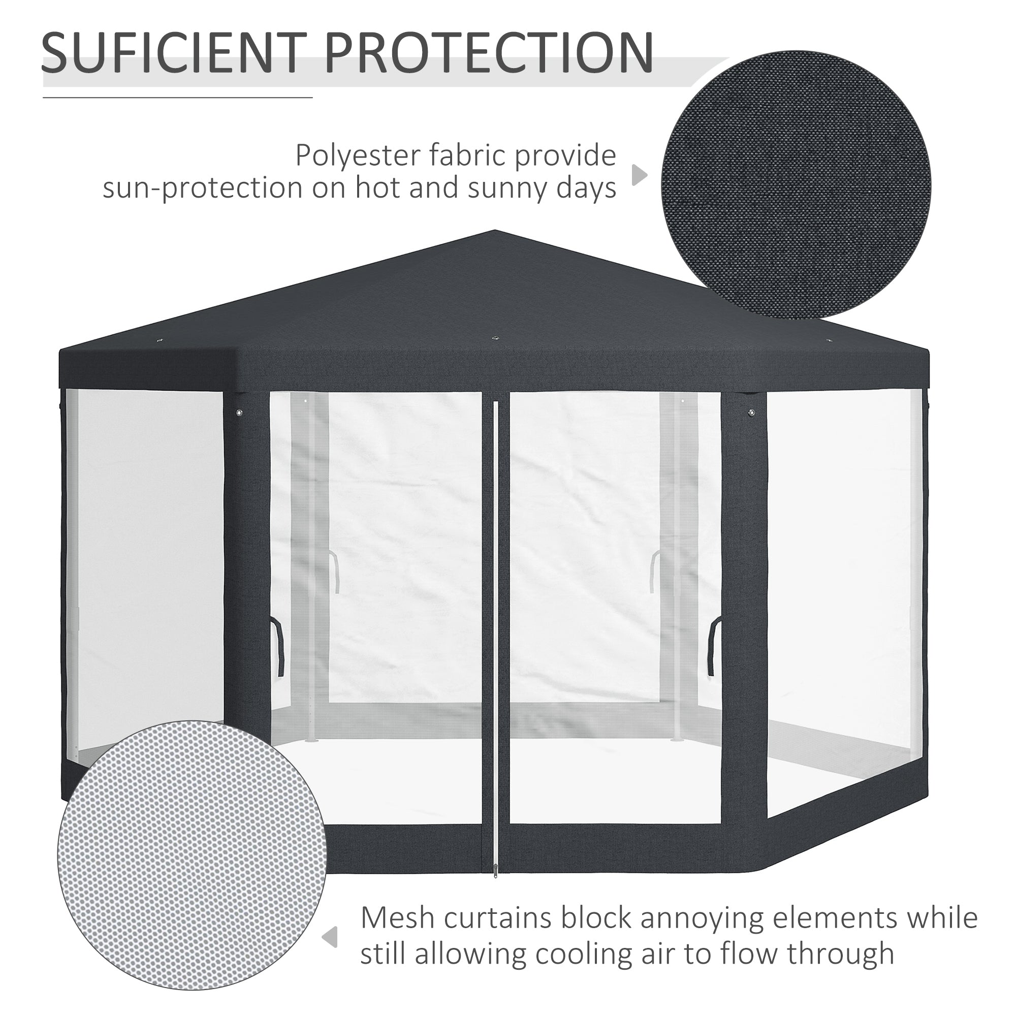 Outsunny 4M Hexagon Gazebo, Netting Party Tent, Patio Canopy Outdoor Event Shelter for Activities, Shade Resistant, Dark Grey - North Peak Garden Furniture