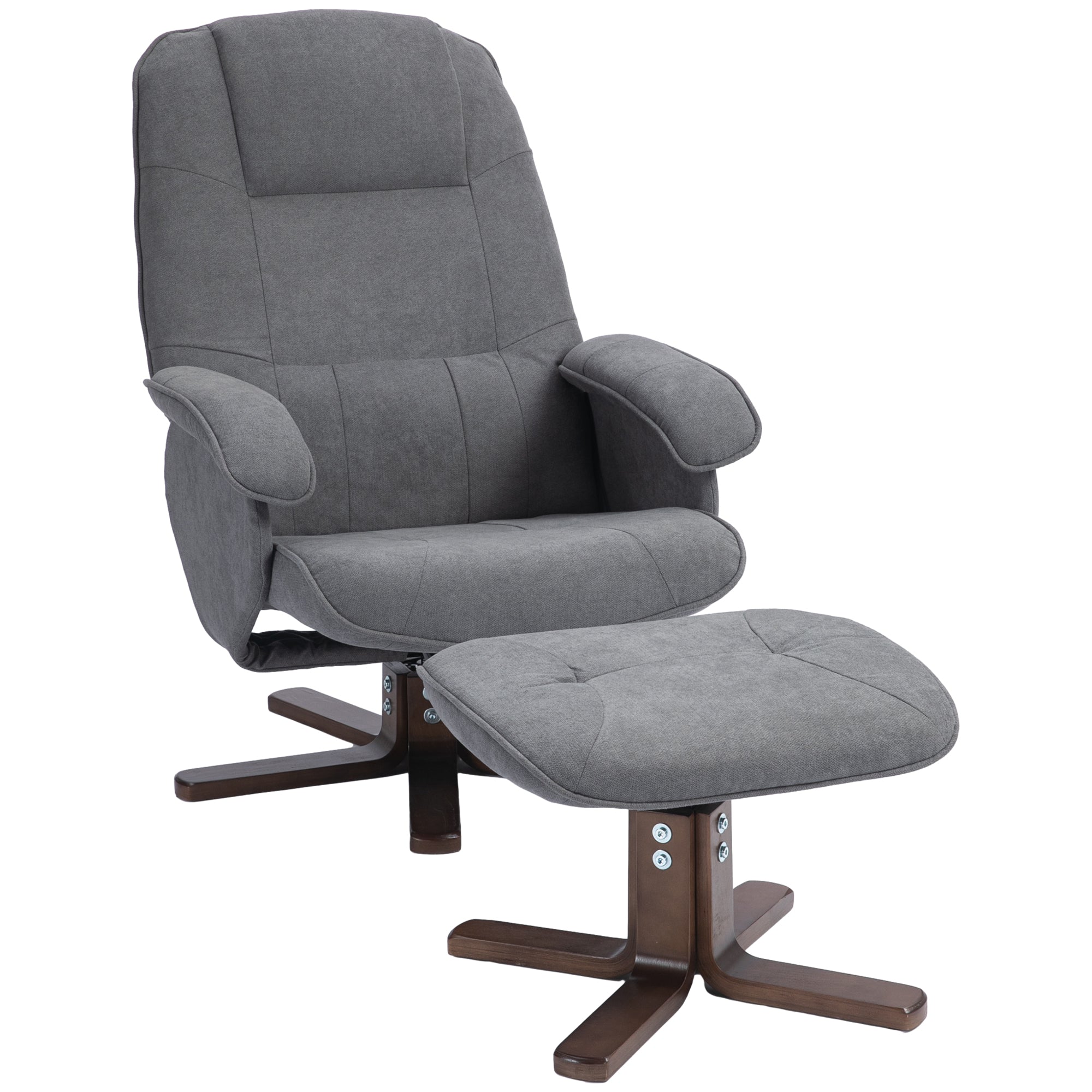 HOMCOM Linen Swivel Recliner Chair with Footstool, Upholstered Reclining Armchair with Wooden Base for Living Room, Grey - North Peak Garden Furniture