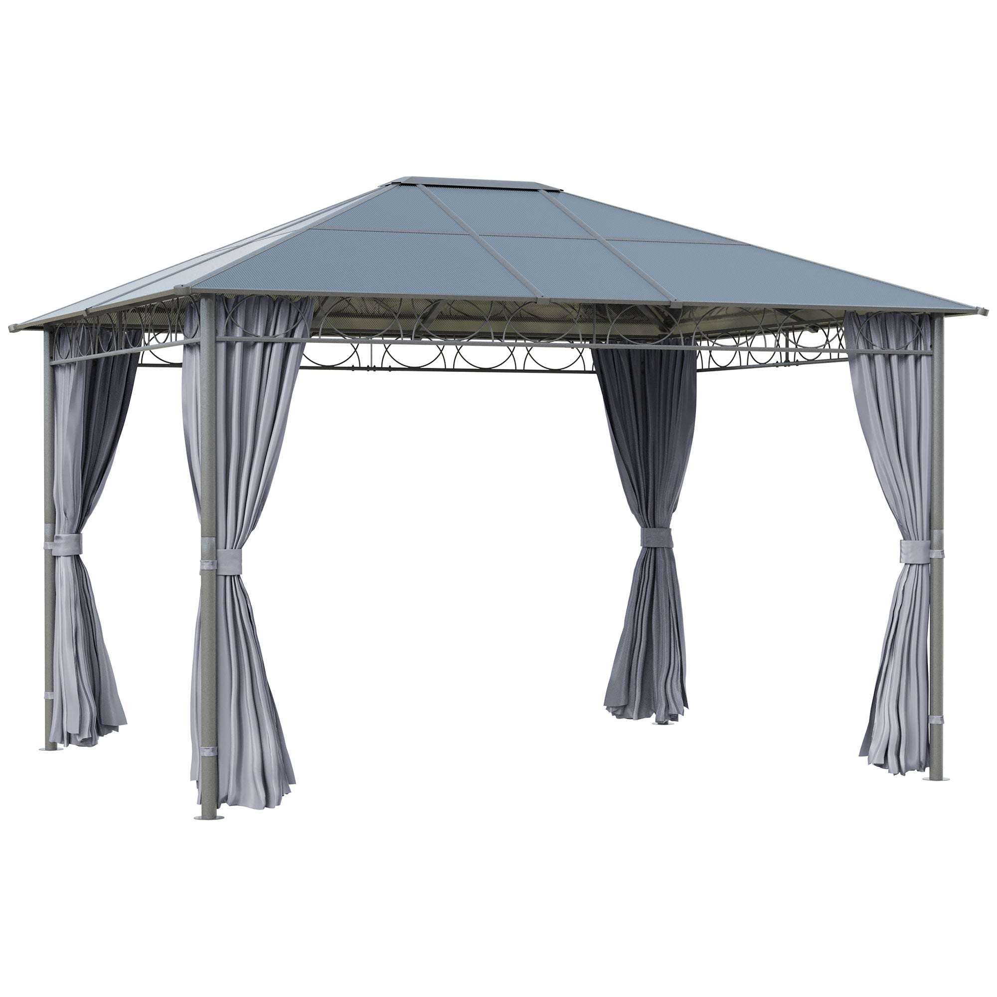 Outsunny 3 x 3.6m Hardtop Gazebo Canopy with Polycarbonate Roof, Permanent Pavilion Garden Gazebo with Curtains for Patio, Deck, Grey - North Peak Garden Furniture