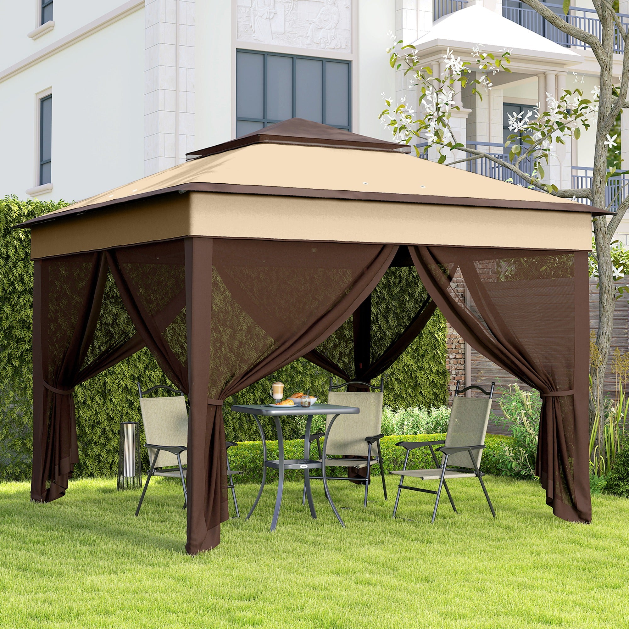 Outsunny 3 x 3(m) Pop Up Gazebo, Height Adjustable Instant Event Shelter with Netting and Carrying Bag, Beige - North Peak Garden Furniture