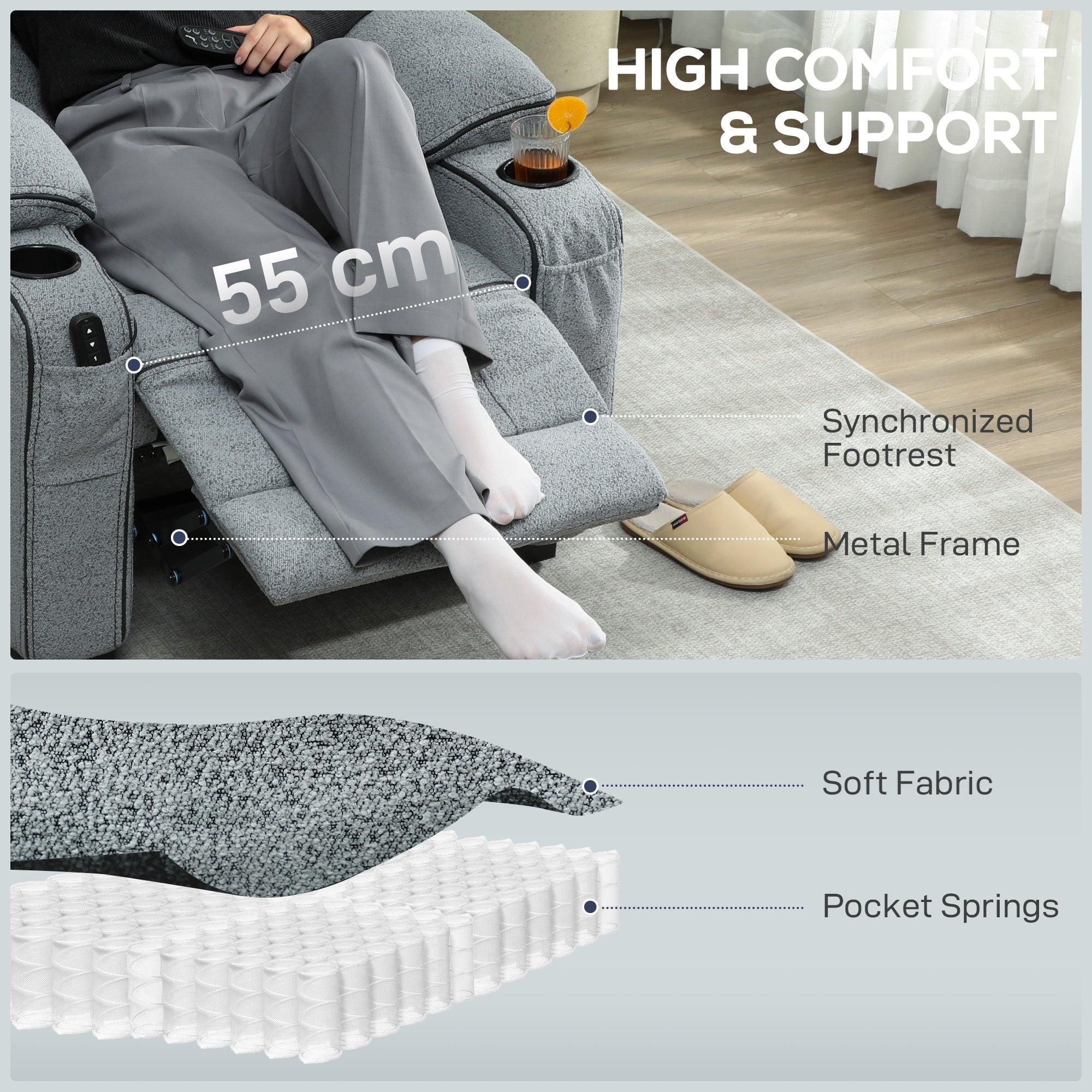 HOMCOM Electric Massage Recliner Armchair with Vibration, Heat, Whisper-Quiet Motor, Memory Function, Velvet Power Reclining Chair with Spring Pack, USB Port, Footrest, Side Pockets, Cup Holders, Grey