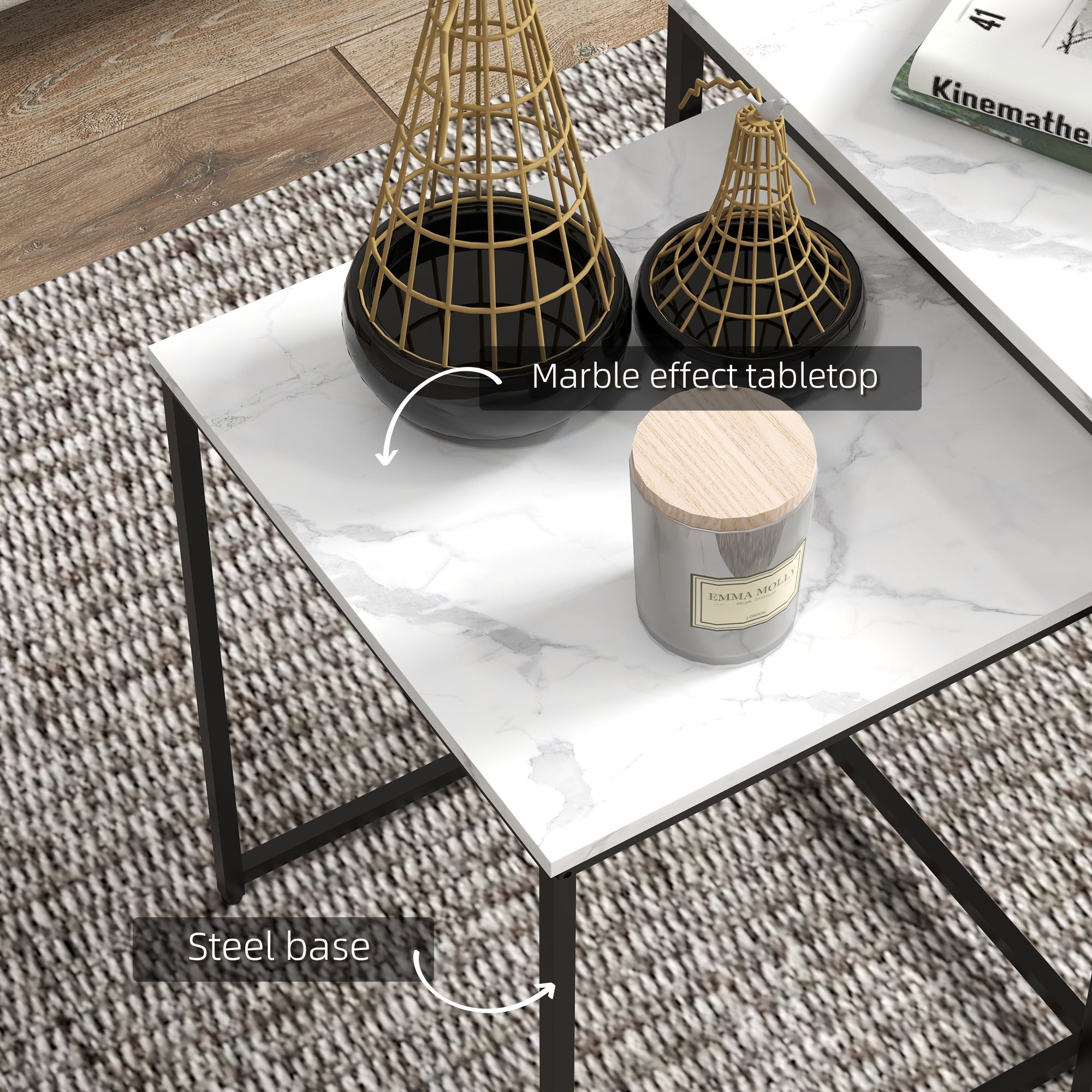 HOMCOM Three Nest of Tables, Marble Effect Finish - North Peak Garden Furniture
