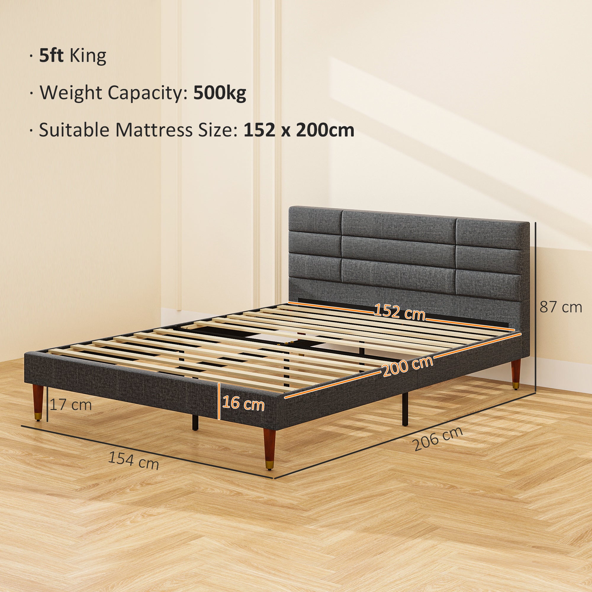 HOMCOM Upholstered King Bed Frame, with Slats - Grey - North Peak Garden Furniture