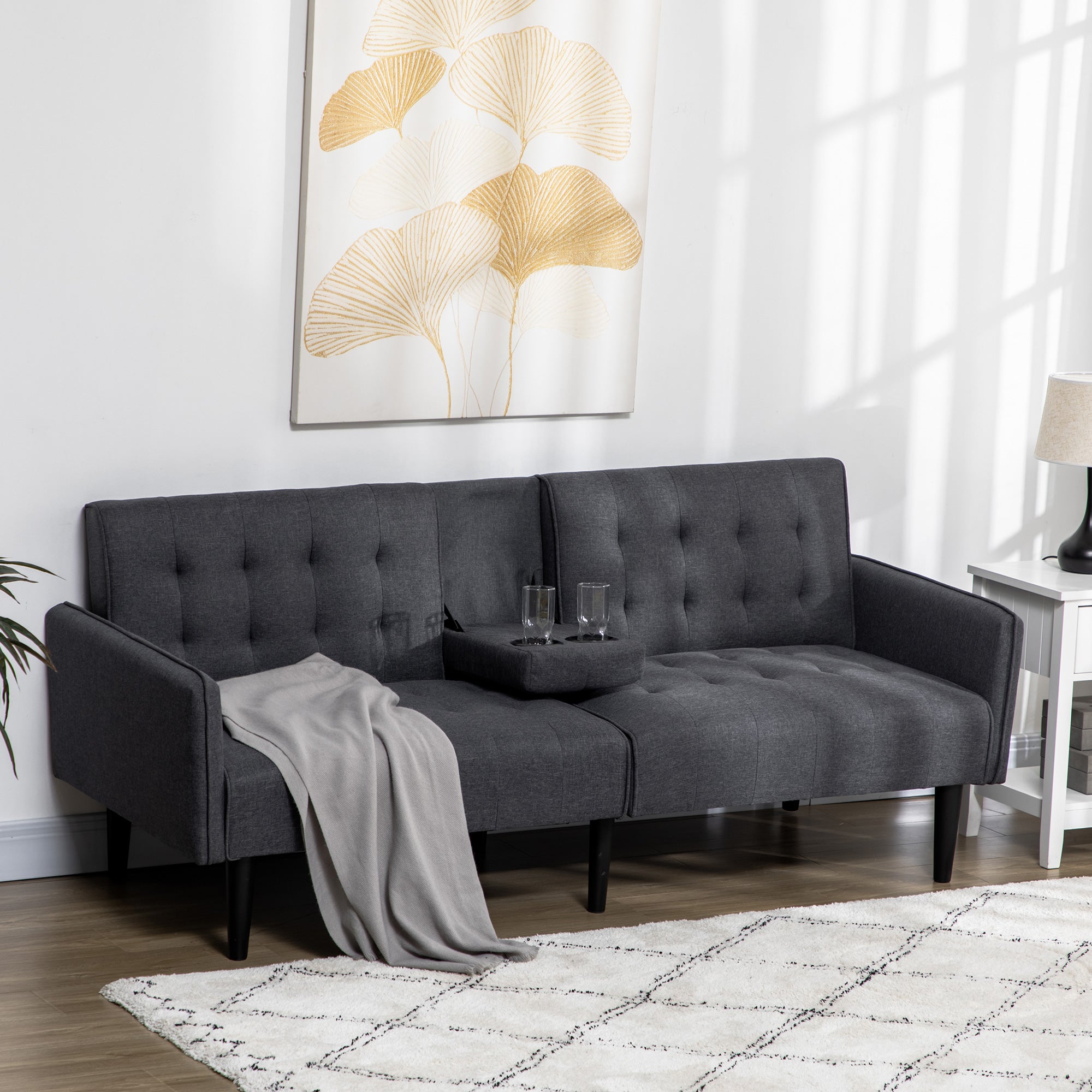 HOMCOM Upholstered Click Clack Sofa Bed, Linen-Feel 3 Seater Sofa Bed with Storage and Cupholders, Grey - North Peak Garden Furniture