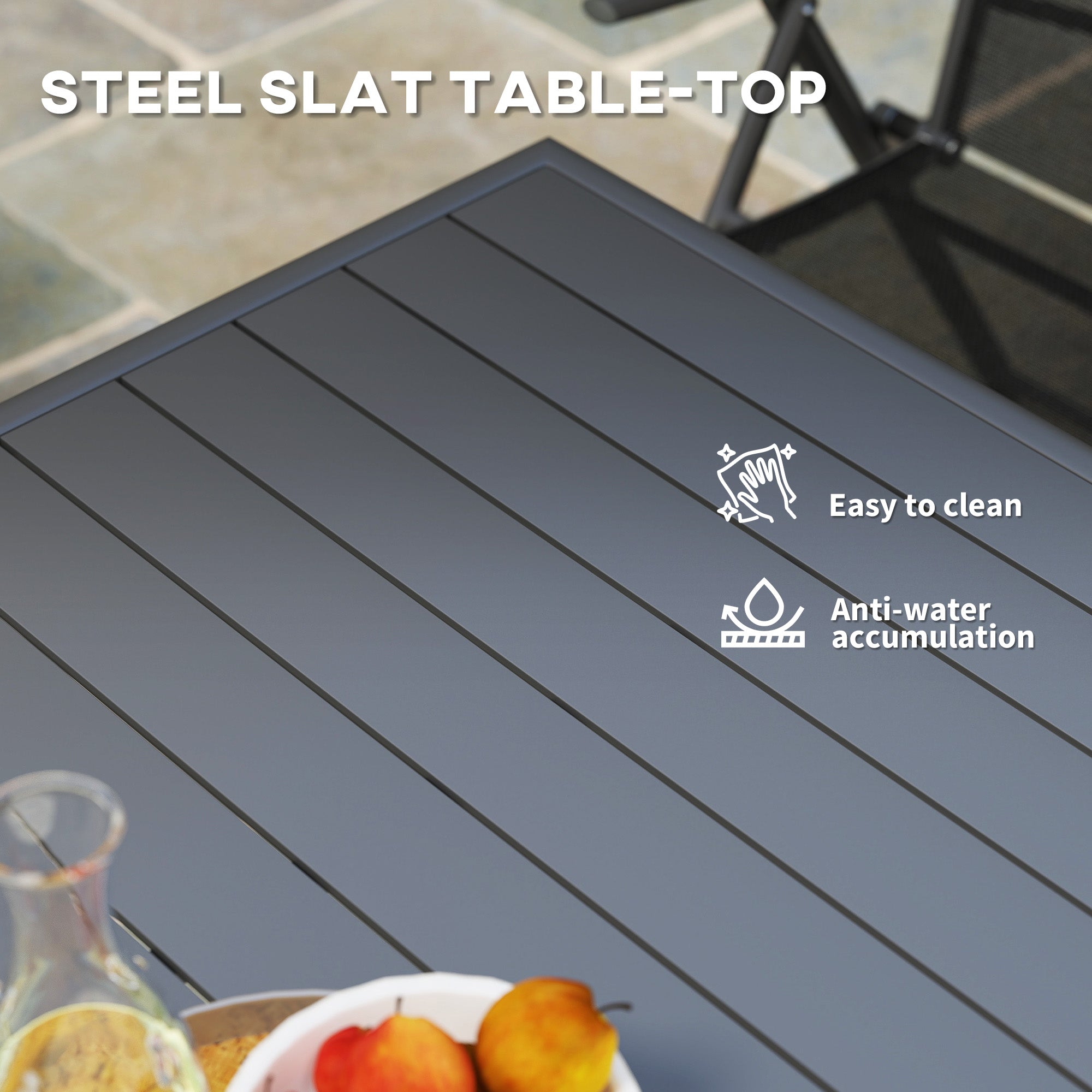 Outsunny Square Garden Table with Slat Top, Steel Frame, Outdoor Table for 4 Person, 80 x 80 x 74 cm, Grey - North Peak Garden Furniture