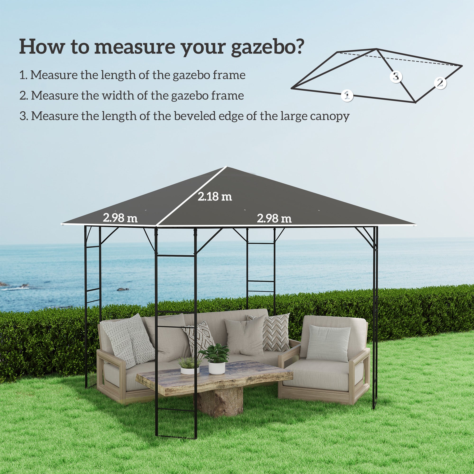 Outsunny 3 x 3(m) Gazebo Canopy Replacement Cover, Garden Gazebo Roof Replacement with Drain Holes, Water Resistant PVC Coating, 370g/㎡, UPF30+, TOP COVER ONLY, Grey - North Peak Garden Furniture