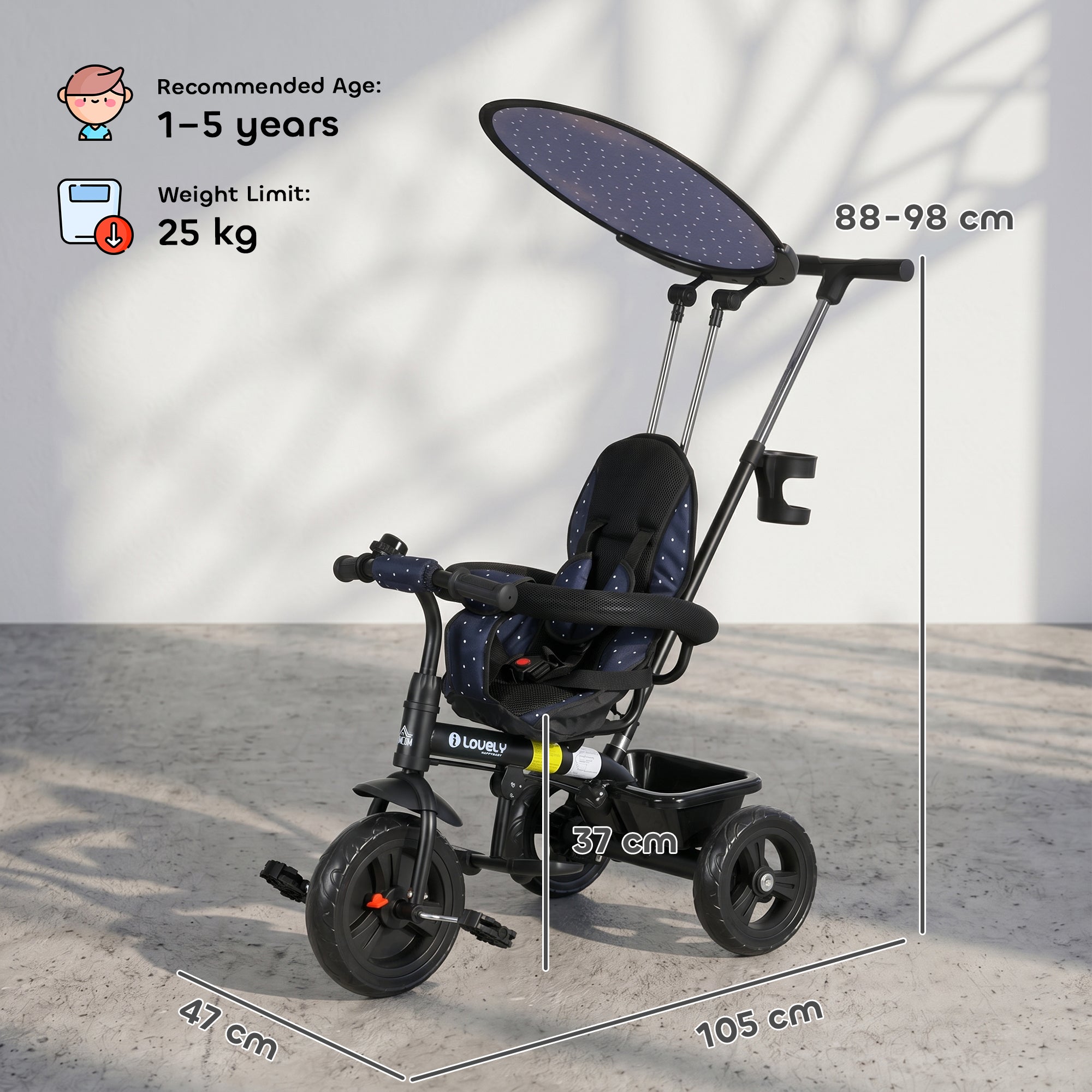 HOMCOM 6 in 1 Tricycle for Kids with 5-point harness straps, Removable Canopy, Dark Blue