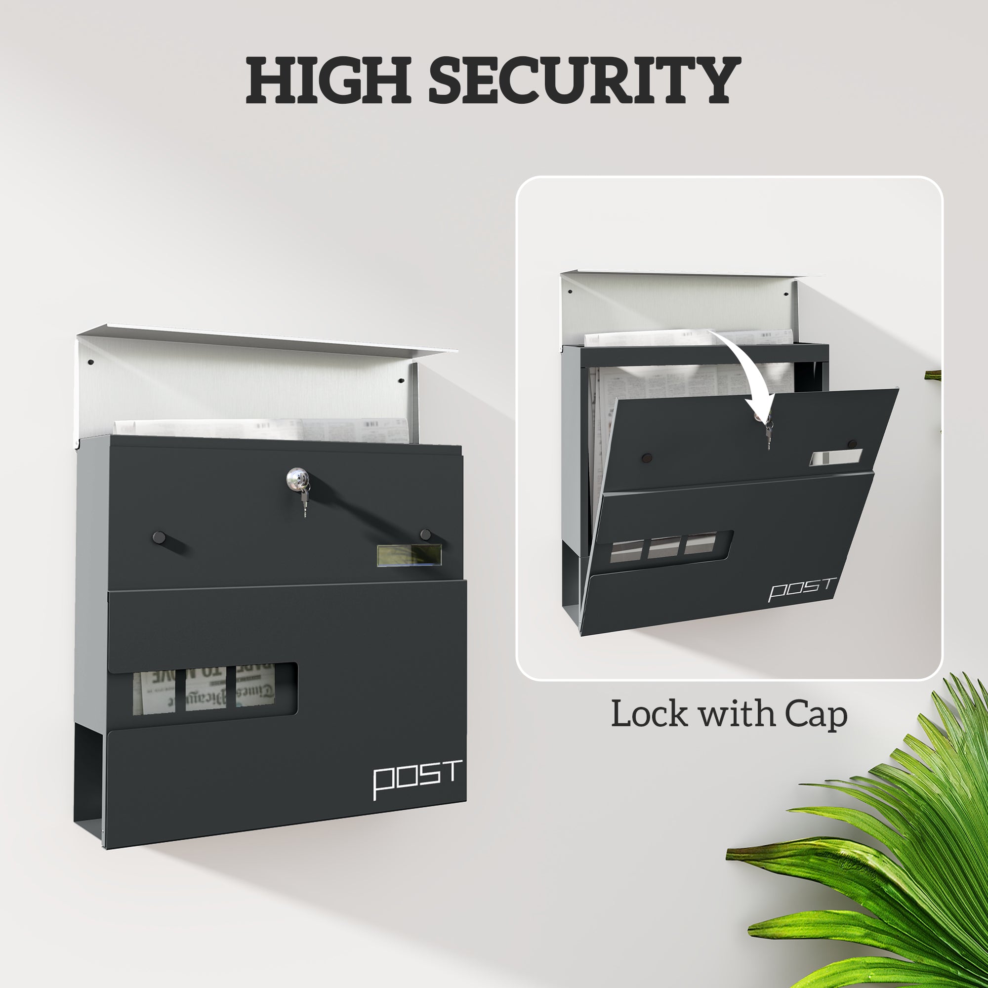 HOMCOM Locking Galvanised Steel Letterbox - Charcoal Grey/Black - North Peak Garden Furniture