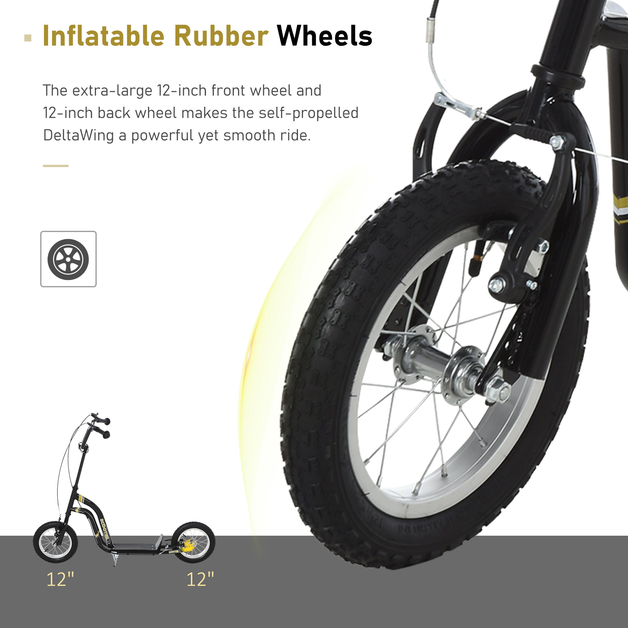 HOMCOM Teen Kids Stunt Scooter w/ Adjustable Handlebar, 12 Inch Rubber Tyres, Dual Brakes, Black - North Peak Garden Furniture