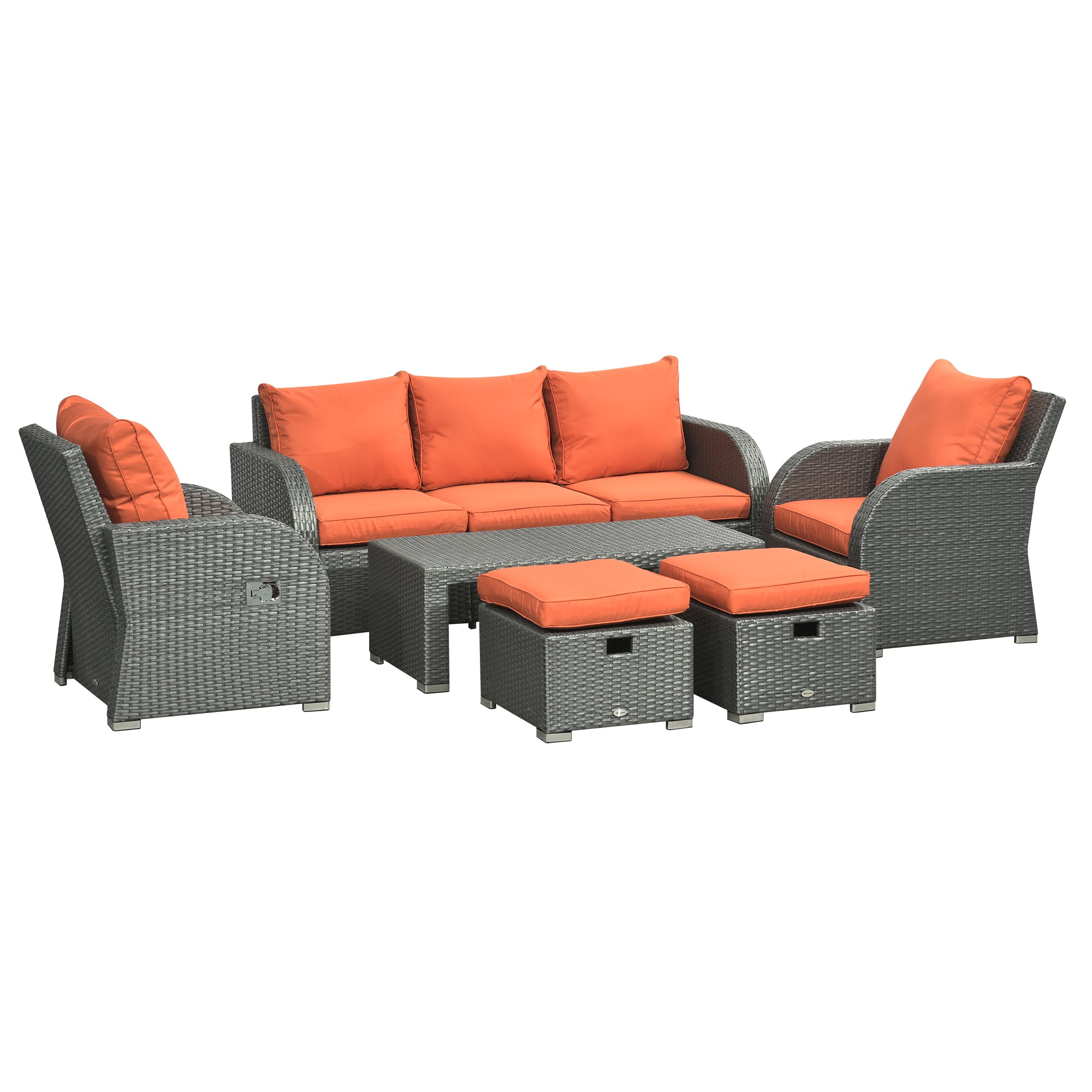 Outsunny Six-piece Outdoor Rattan Dining Set, with Reclining Armchairs - Orange - North Peak Garden Furniture