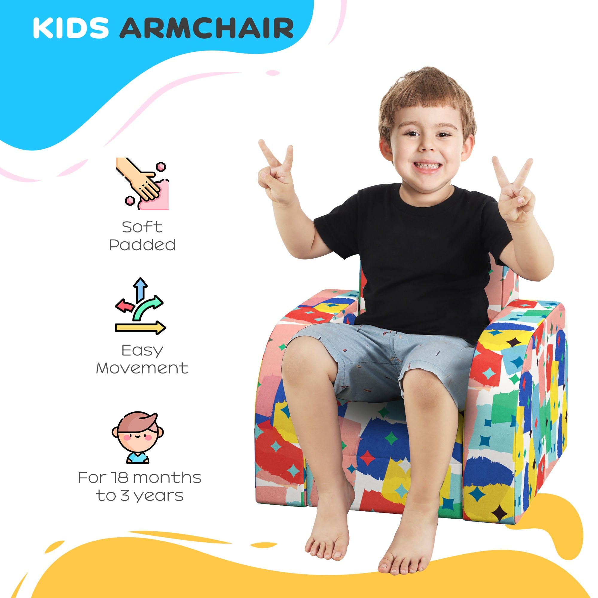 AIYAPLAY Foldable Toddler Chair Soft Snuggle Sponge Filled for Bedroom Playroom, Aged 18 Months to 3 Years - Multicoloured - North Peak Garden Furniture