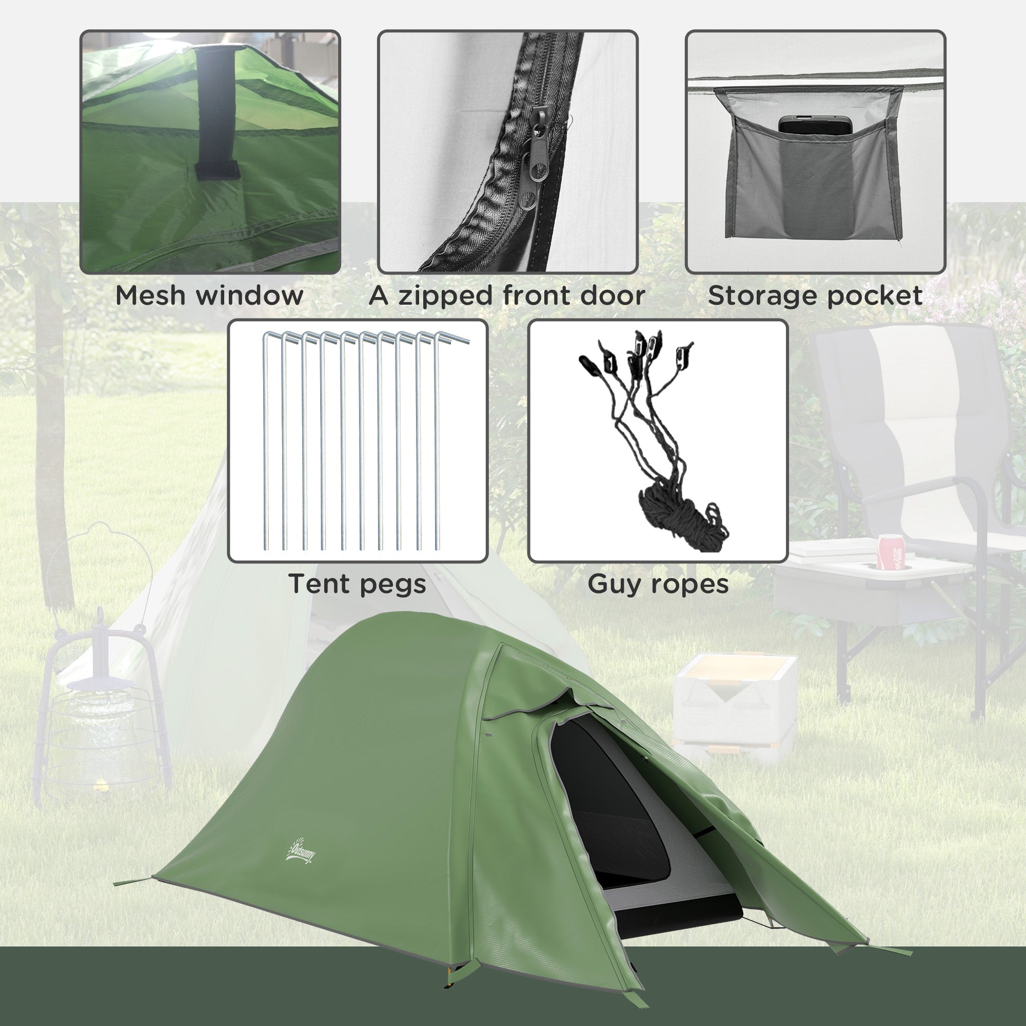 Outsunny Double Layer Camping Tent, 1-2 Man Backpacking Tent with Carry Bag, 2000mm Waterproof and Lightweight, Green - North Peak Garden Furniture