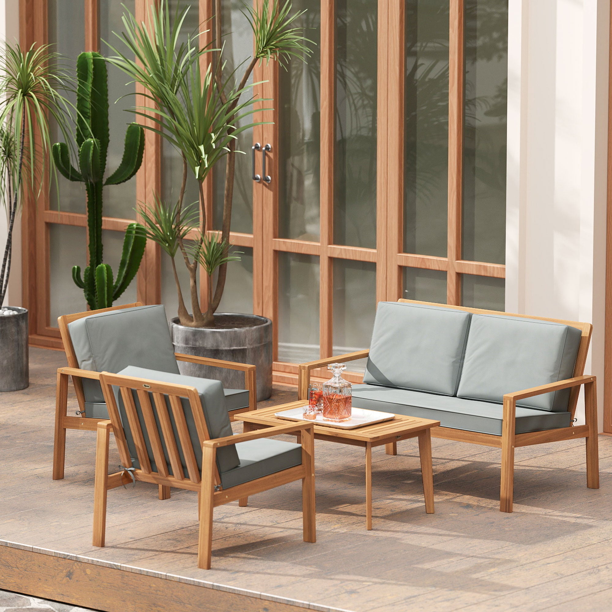 Outsunny 4-Piece Wooden Garden Furniture Set with Cushions - Teak - North Peak Garden Furniture