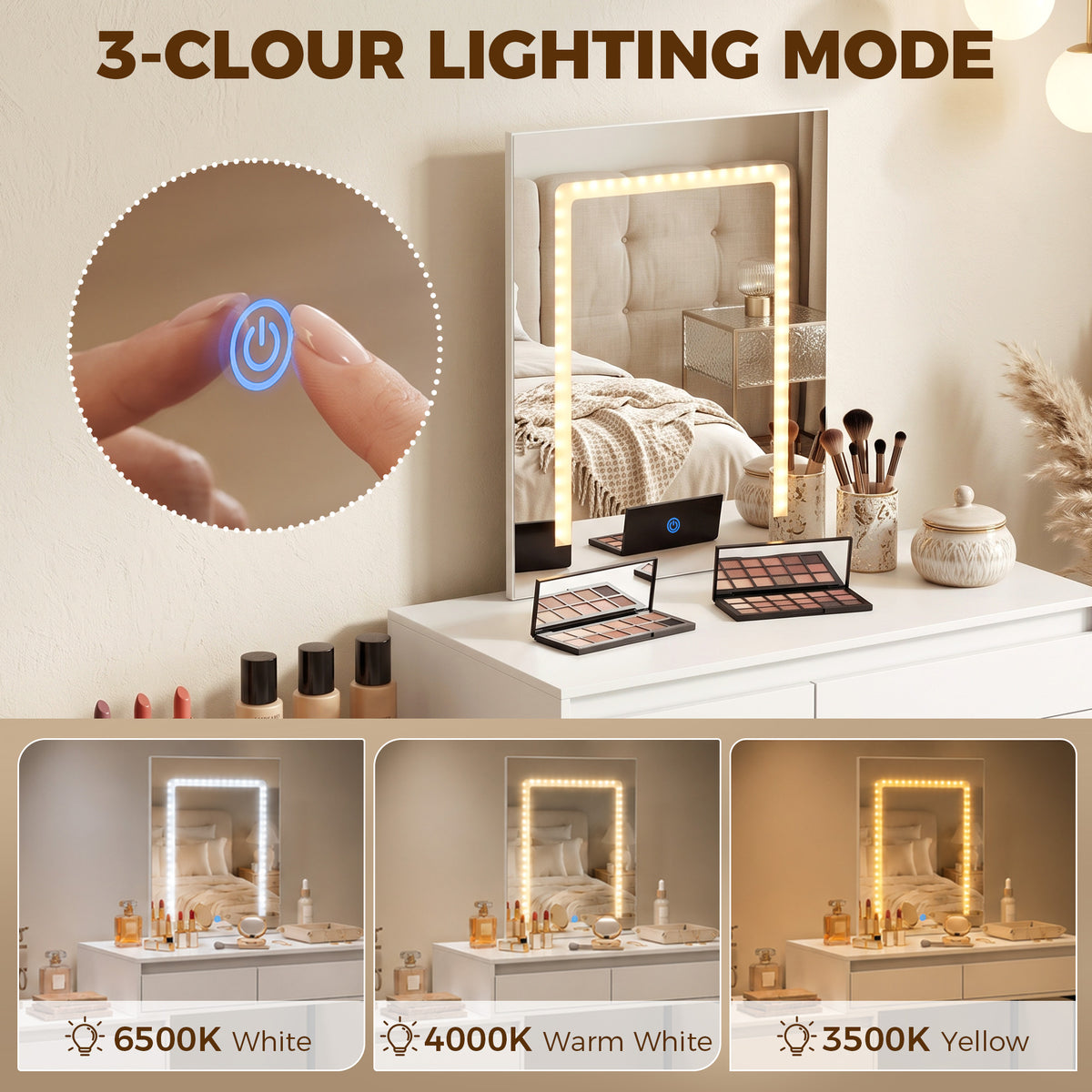 HOMCOM Vanity Makeup Desk LED Mirror Dressing Table Large Storage 5 Drawers White