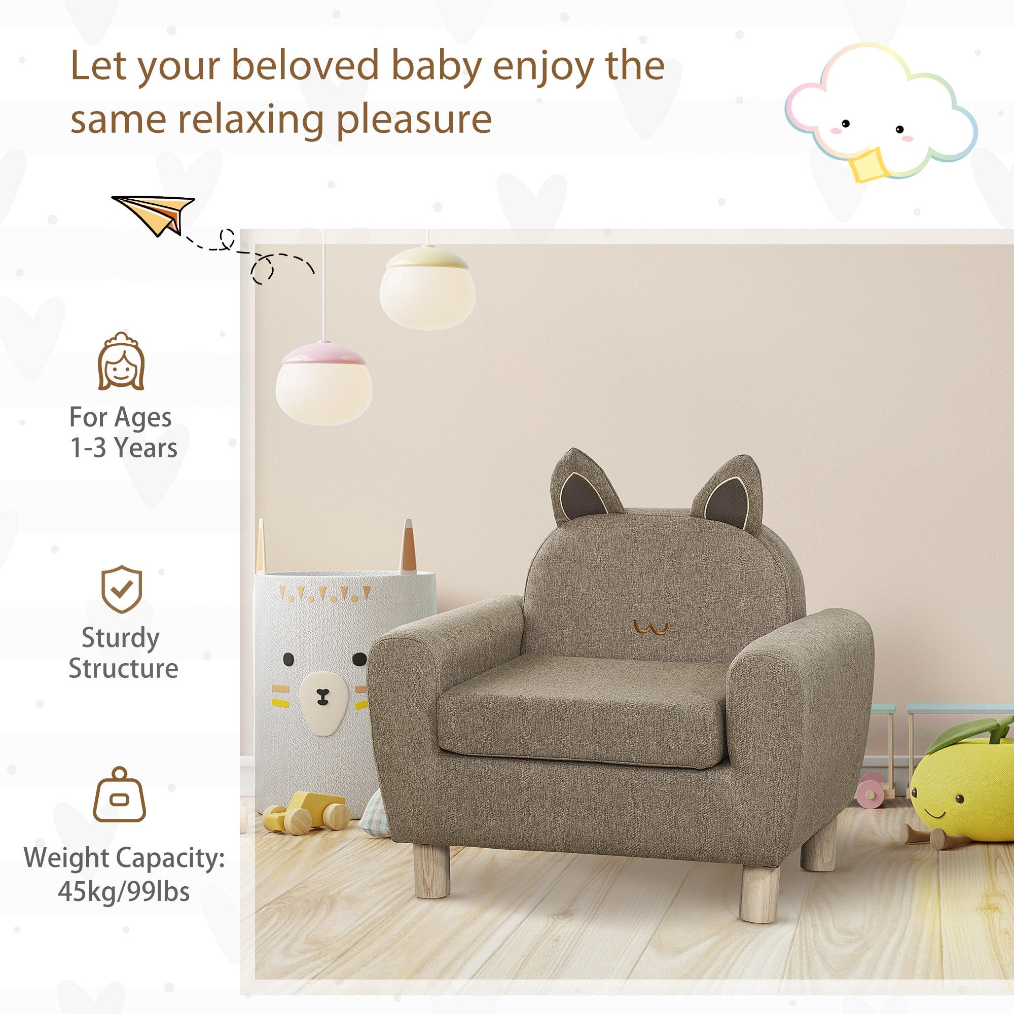 HOMCOM Kids Sofa Toddler Chair Children Armchair for Preschool Bedroom Playroom with Ear Modeling Wood Brown - North Peak Garden Furniture