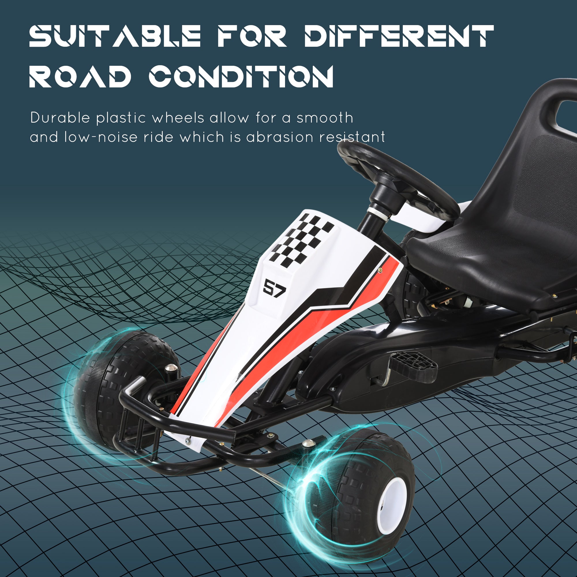 HOMCOM Kids Children Pedal Go Kart Manual Ride On Car w/ Brake Gears Steering Wheel Adjustable Seat 4 Smooth Wheels Racing-Style White 104 x 66 x 57 cm - North Peak Garden Furniture