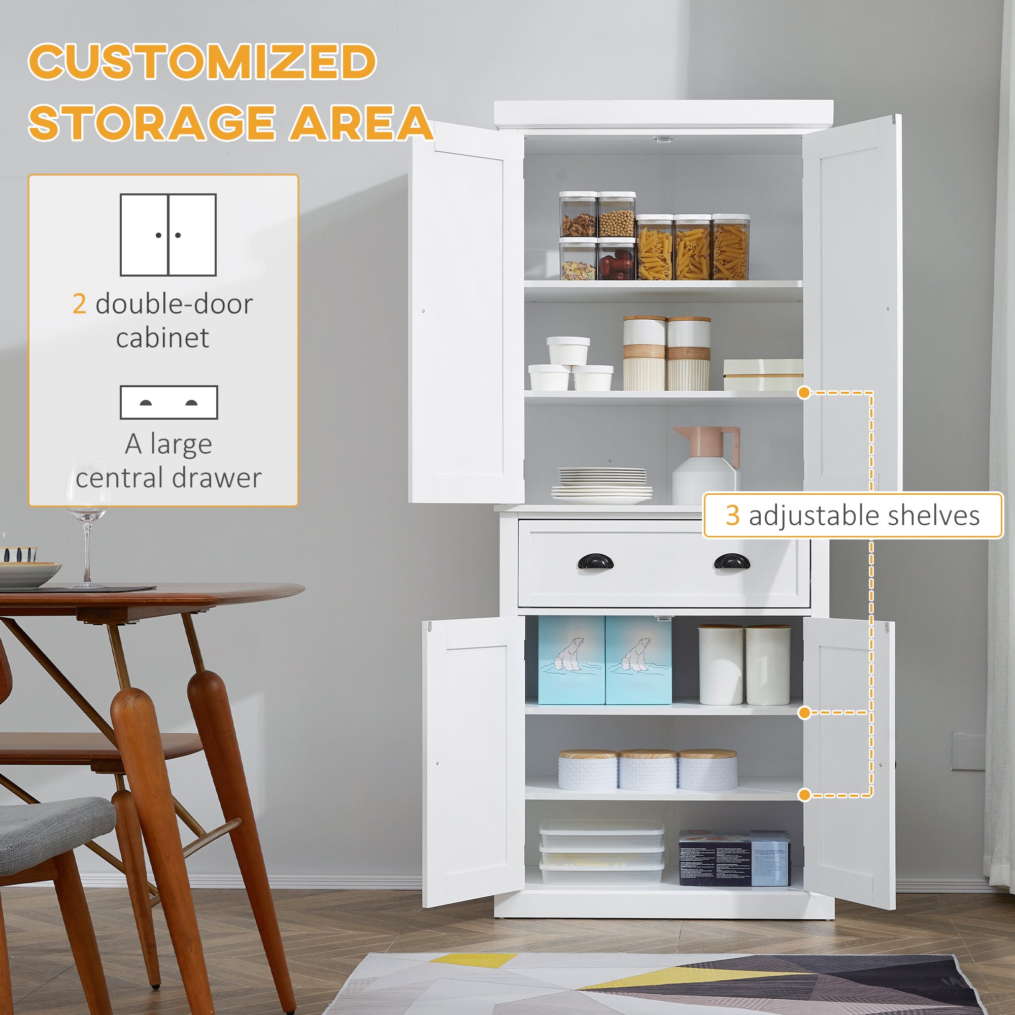 HOMCOM Freestanding Kitchen Cupboard, 184cm Tall Storage Cabinet with Doors and Shelves, Traditional Colonial 4-Door Kitchen Pantry Cupboard with Drawer, White - North Peak Garden Furniture
