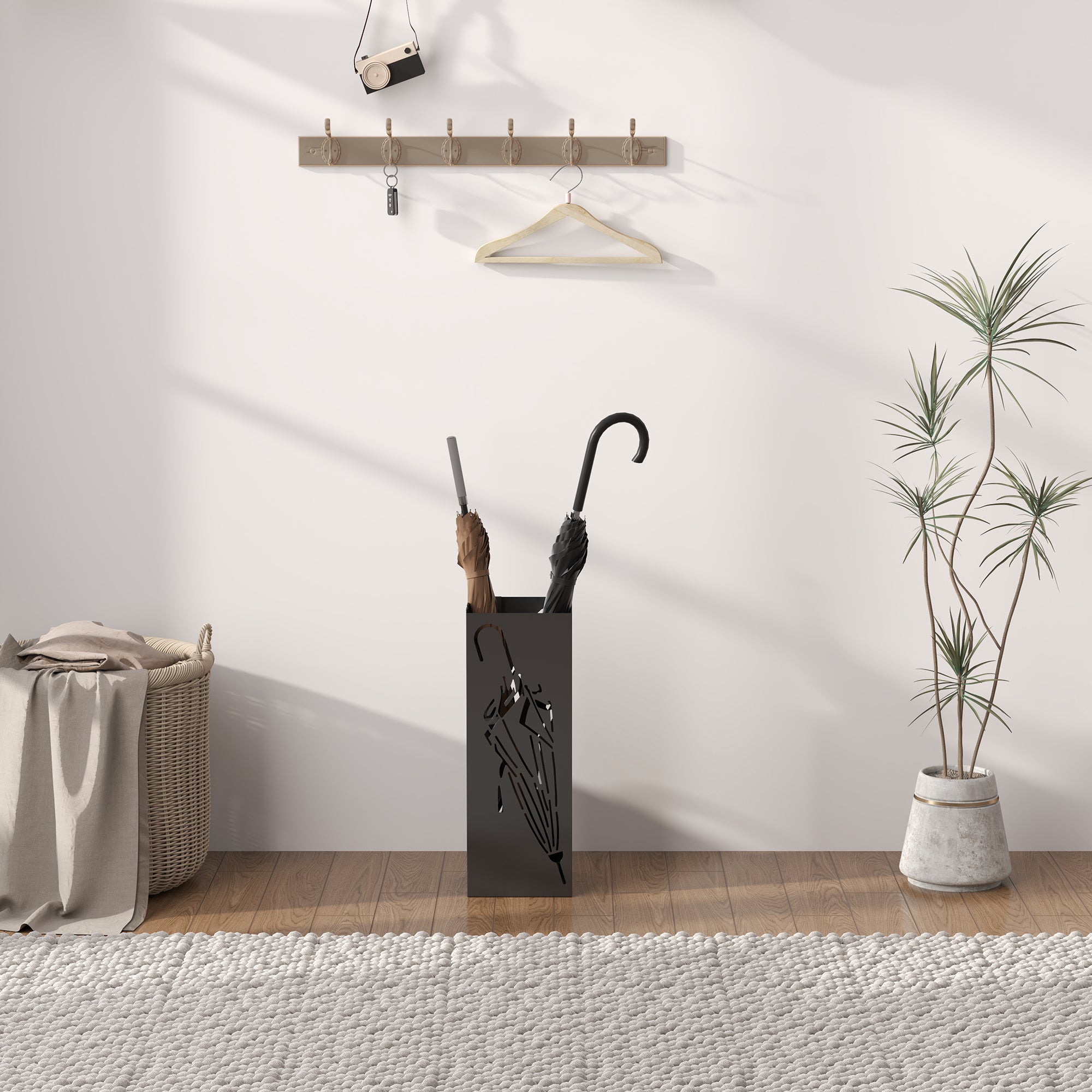 HOMCOM Metal Umbrella Stand, Square Umbrella Holder with 4 Hooks and Removable Drip Tray, Decorative Umbrella Storage Rack for Entryway, Hallway, 15.5 x 15.5 x 41 cm, Black - North Peak Garden Furniture